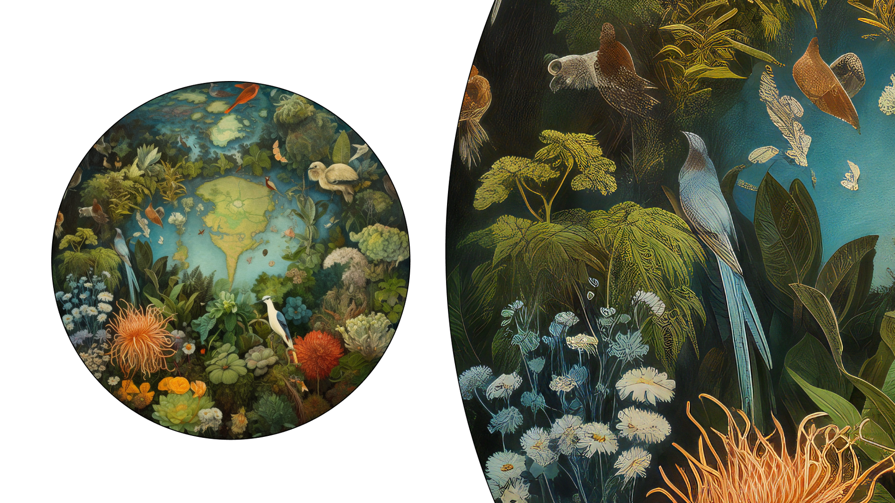 A vibrant nature painting opn the left and an upscaled version of a small section of the same painting on the right.