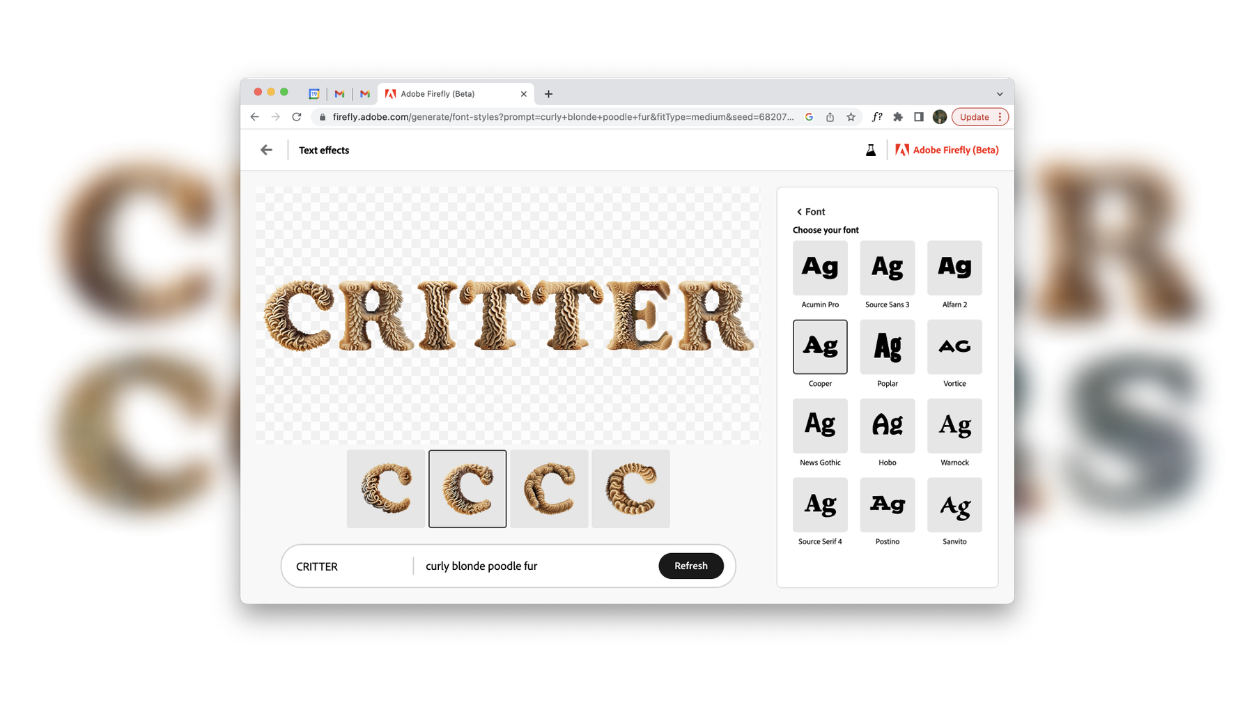 A page on Adobe Firefly showcasing text effects. The word "CRITTER" appears in a big textured font. Various font style options are displayed on the right and there is a prompt input field at the bottom with the text "curly blond poodle fur."