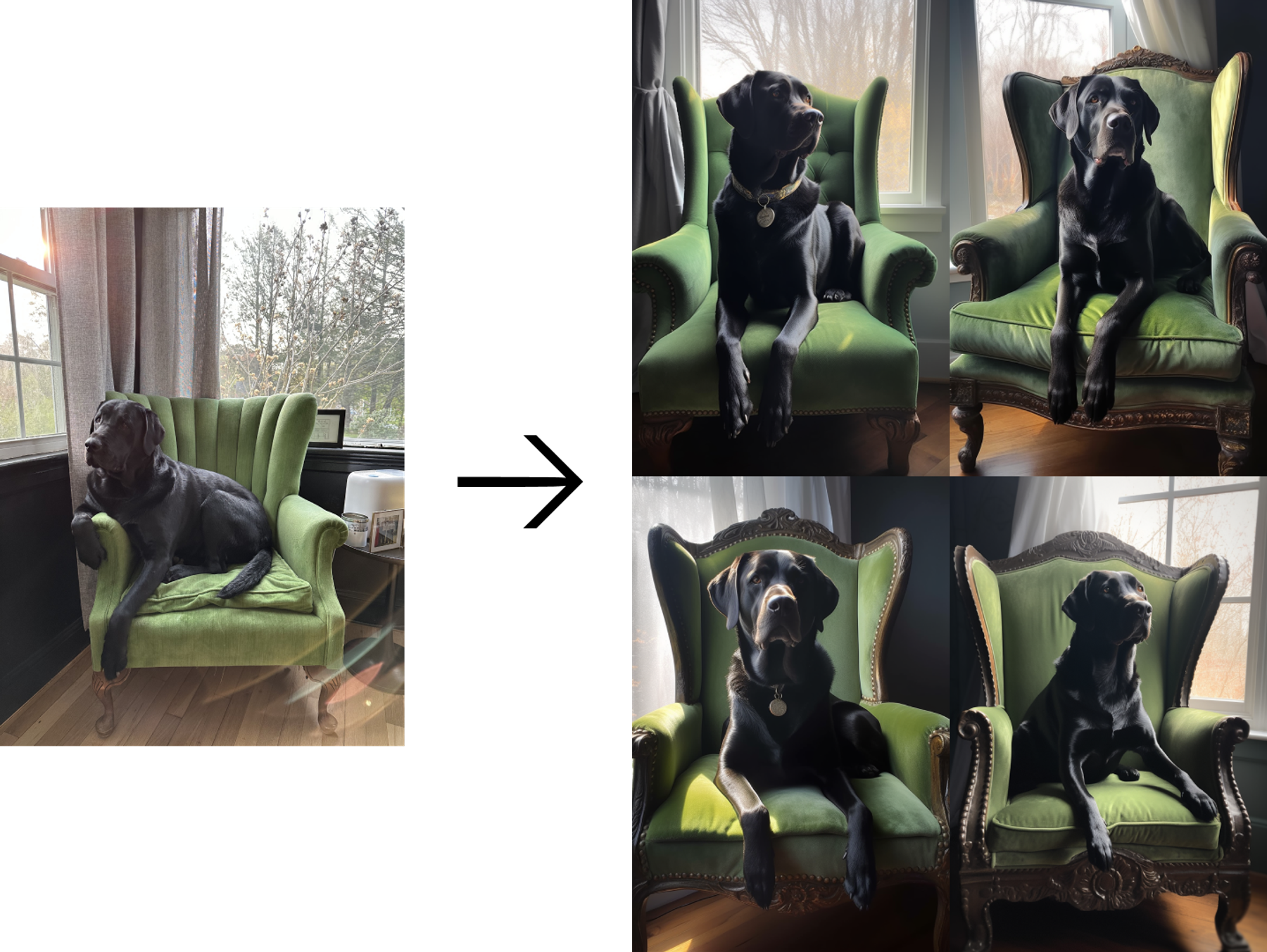 Picture of a black dog on a green chair on the left. On the right, four slightly different images of the same pictures but with the dog in different poses and with different angles.