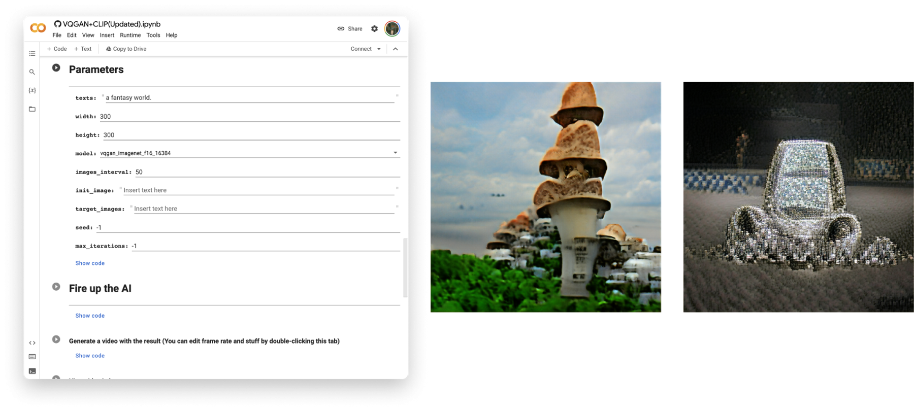 A web interface of VQGAN + CLIP with different parameters on the left and two AI-generated images on the right.