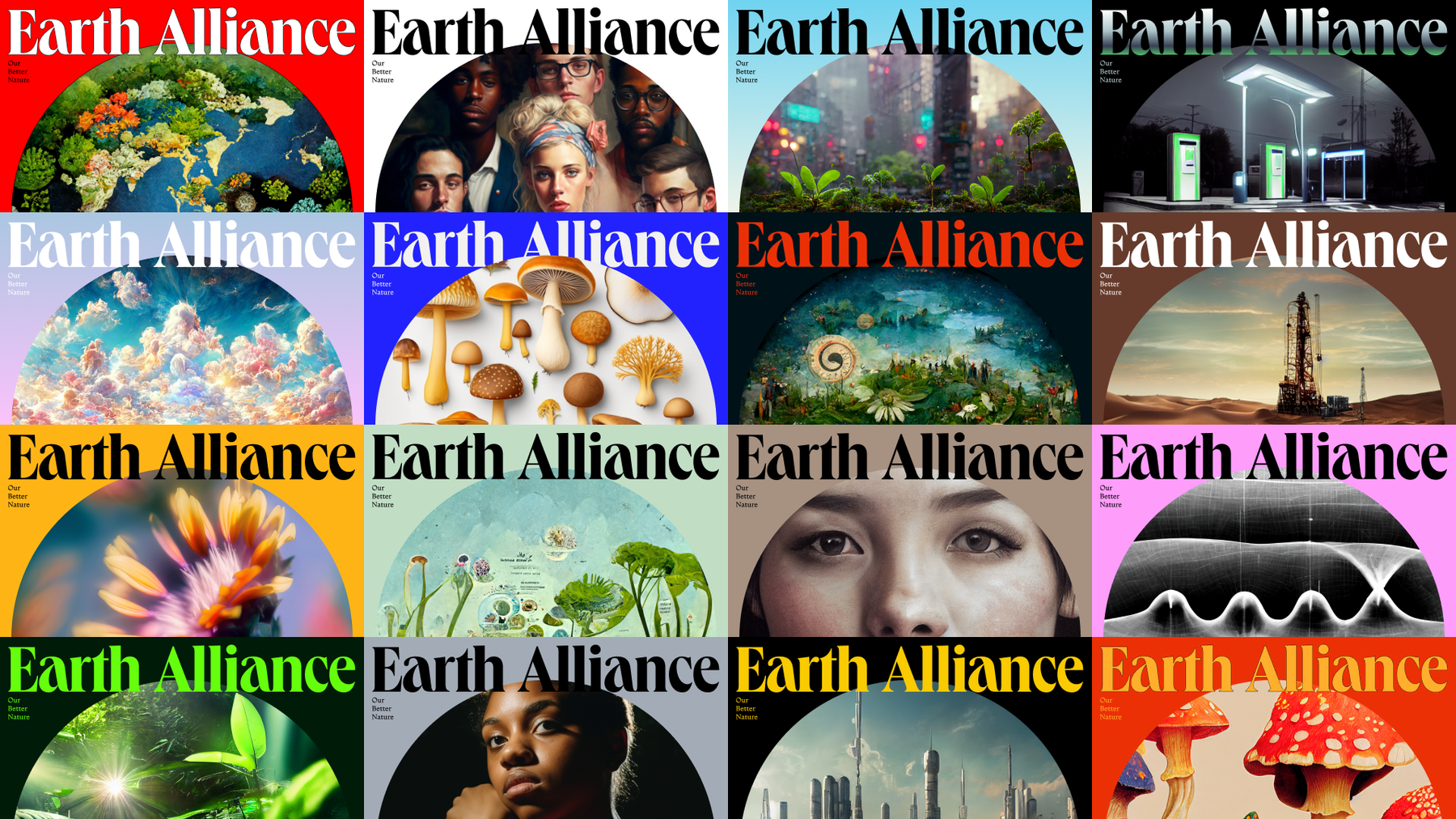 A collage of magazine covers titled "Earth Alliance." Each cover has a different theme and image.