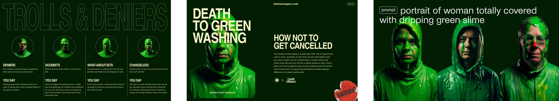 A series of three green-themed pages about green washing featuring people covered in green paint.
