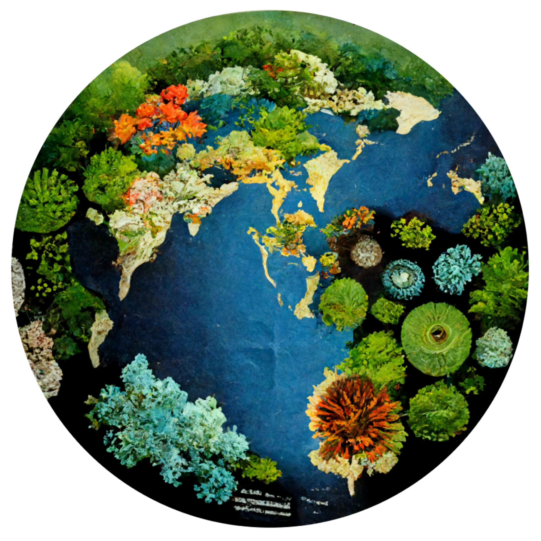 A circular artistic representation of a world map made from various colorful types of foliage and plants.