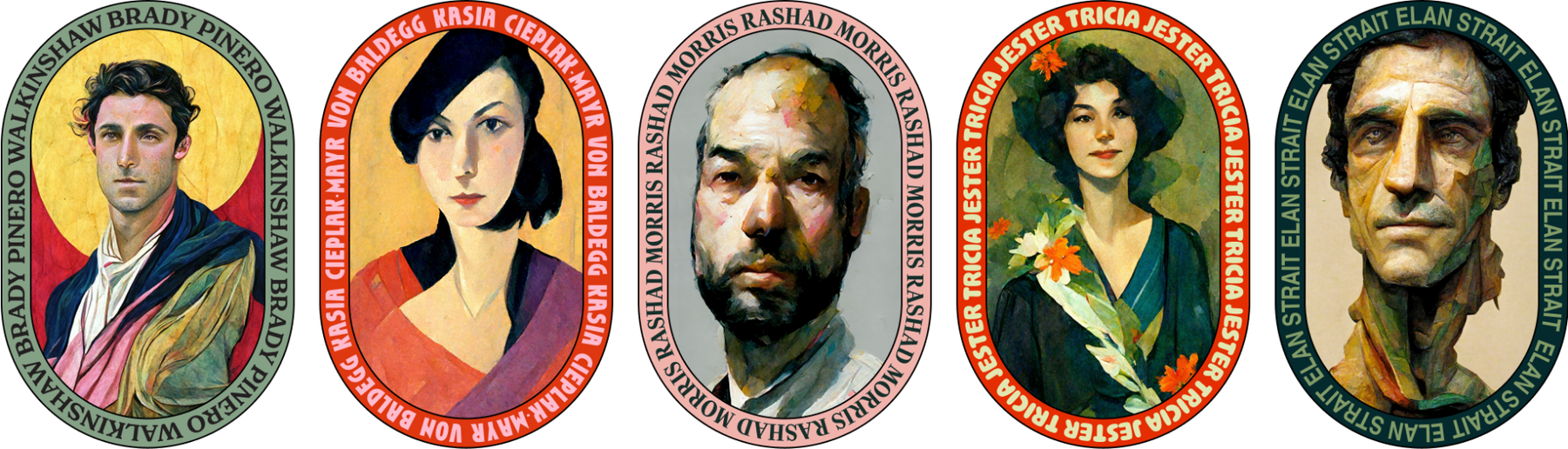 A series of five oval-shaped portraits of diverse individuals, each in a different painting style.