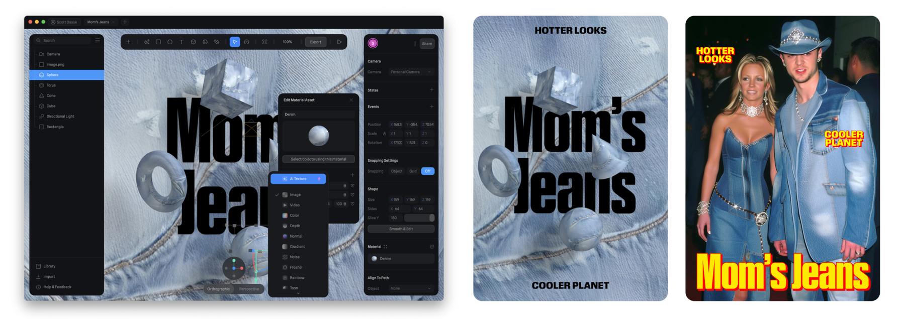 A split-screen collage showing the creative process of designing a magazine cover with the title "Mom's Jeans". The left side displays the digital design interface, and the right showcases the finished cover featuring a woman and man in denim outfits.