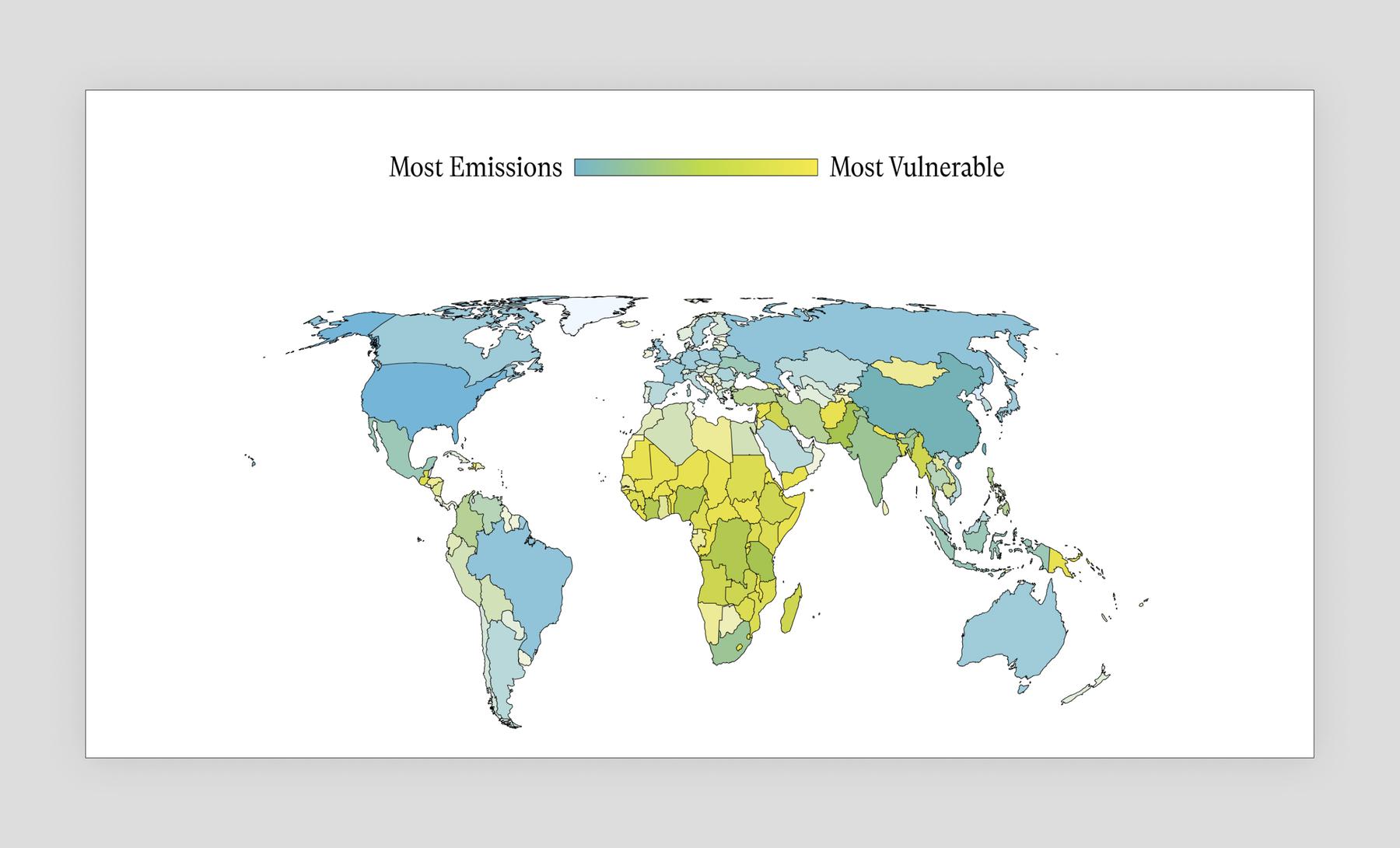 Map with each country filled with a different color and a legend mapping colors between ‘most emissions’ and ‘most vulnerable’.