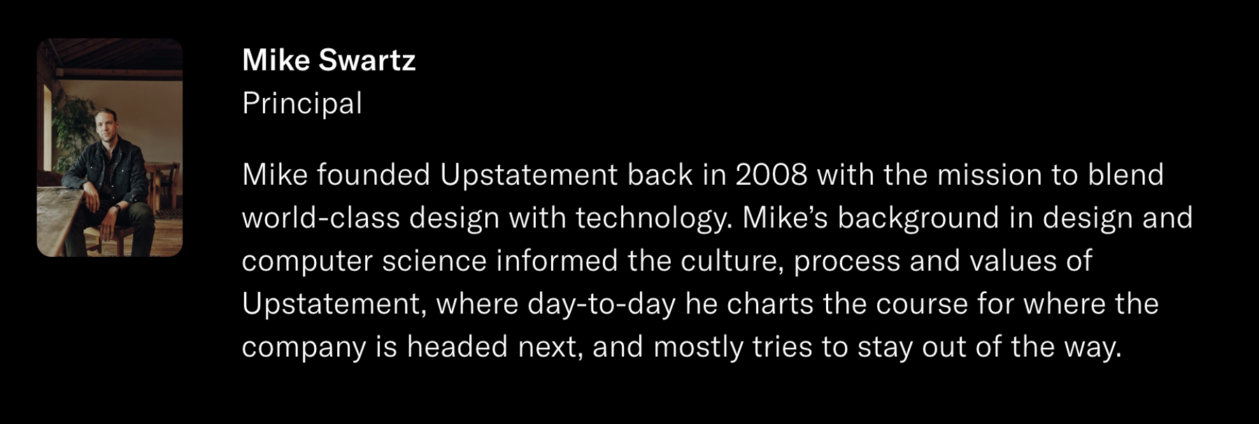 Someone’s name, role, and bio on a site with their headshot next to it.