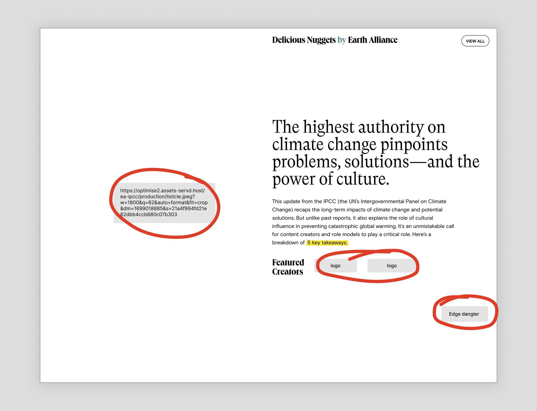 A page on a website with images replaced with strange text, circled by an editor.