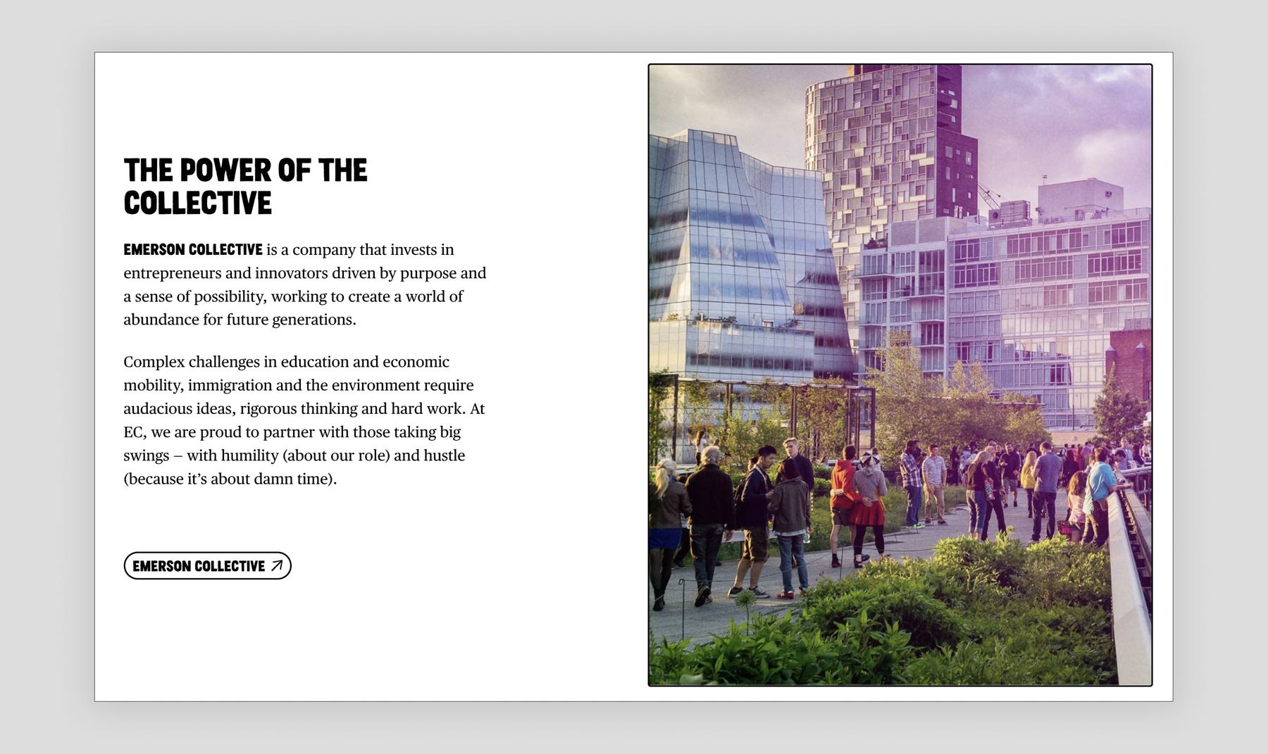 Section of a site with a title, text block, and link on the left and image on the right.