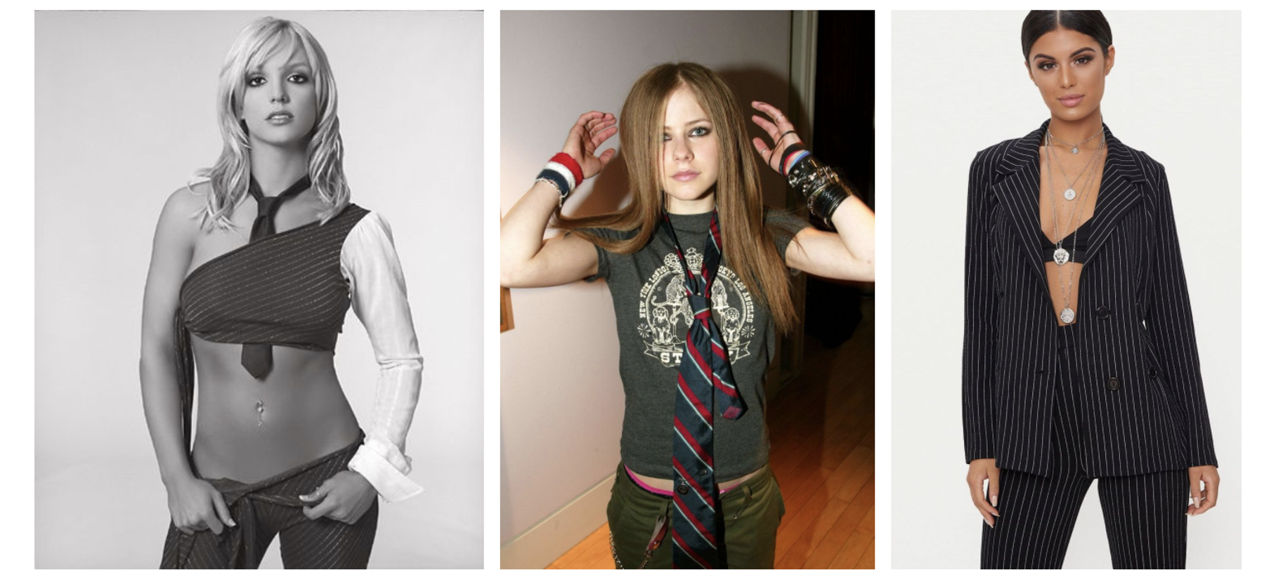 Three celebrities are pictured in different outfits. The first, in black-and-white, wears a pinstripe suit with an exposed midriff. The second, in color, has layered bracelets, a t-shirt, and a large tie. The third wears a pinstripe suit with layered necklaces.