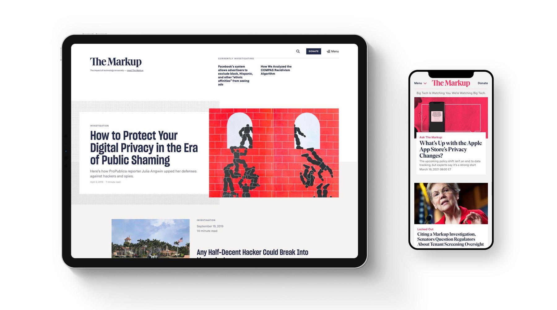 A tablet and a smartphone display The Markup's website.