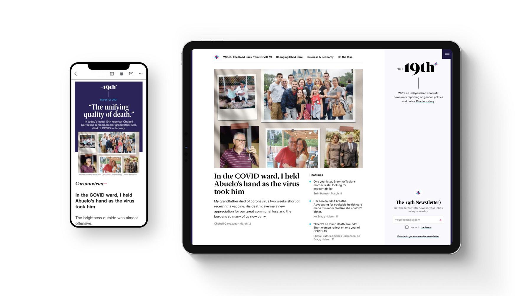 A smartphone and a tablet display the same webpage from "The 19th" website. The tablet shows an article layout with multiple images, and text, and engagement tools, while the smartphone shows a condensed version.