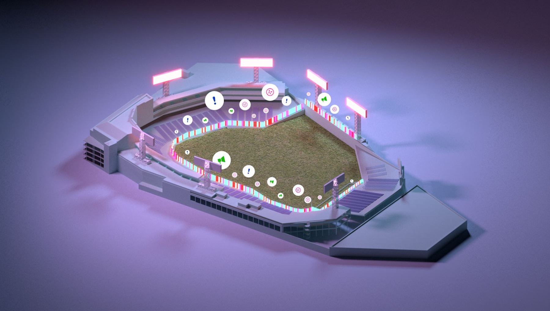 A 3D model of a stadium adorned with various icons, including exclamation points, speakerphones, and angry faces.