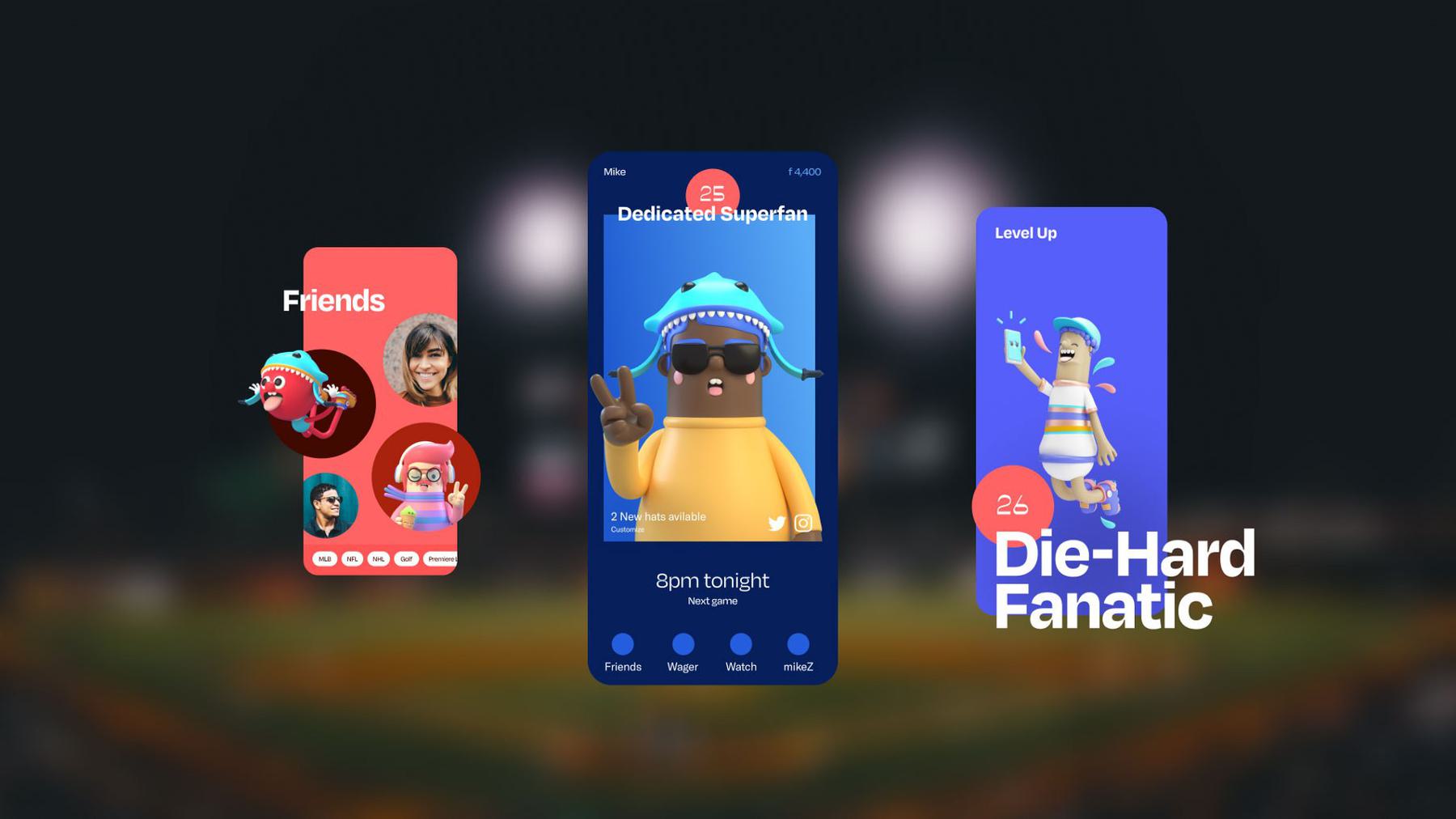 A mobile app screens showcasing friends, events, and fan level.