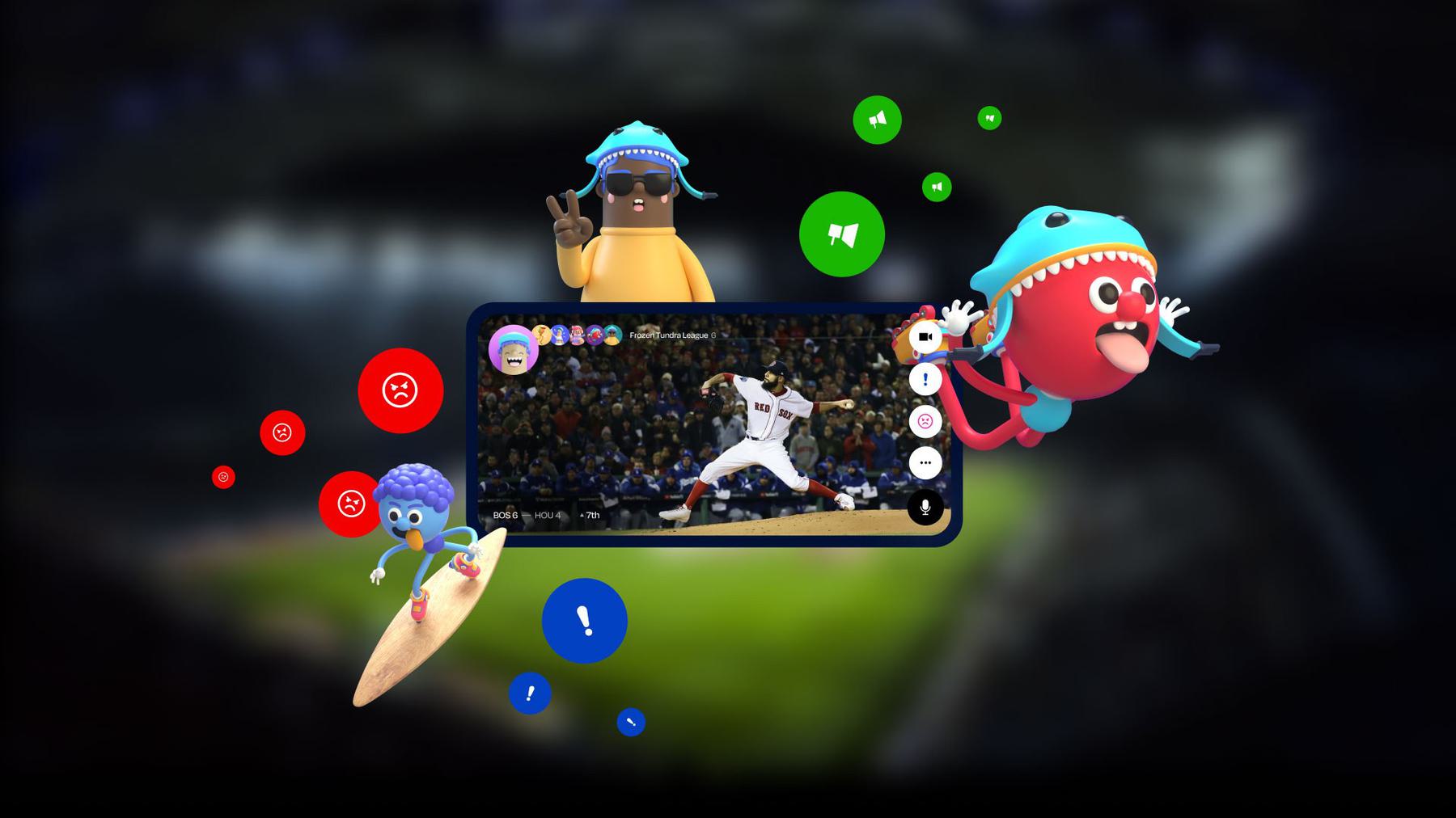 A smartphone screen showing a baseball game, surrounded by colorful, playful cartoon characters and emoji reaction icons.