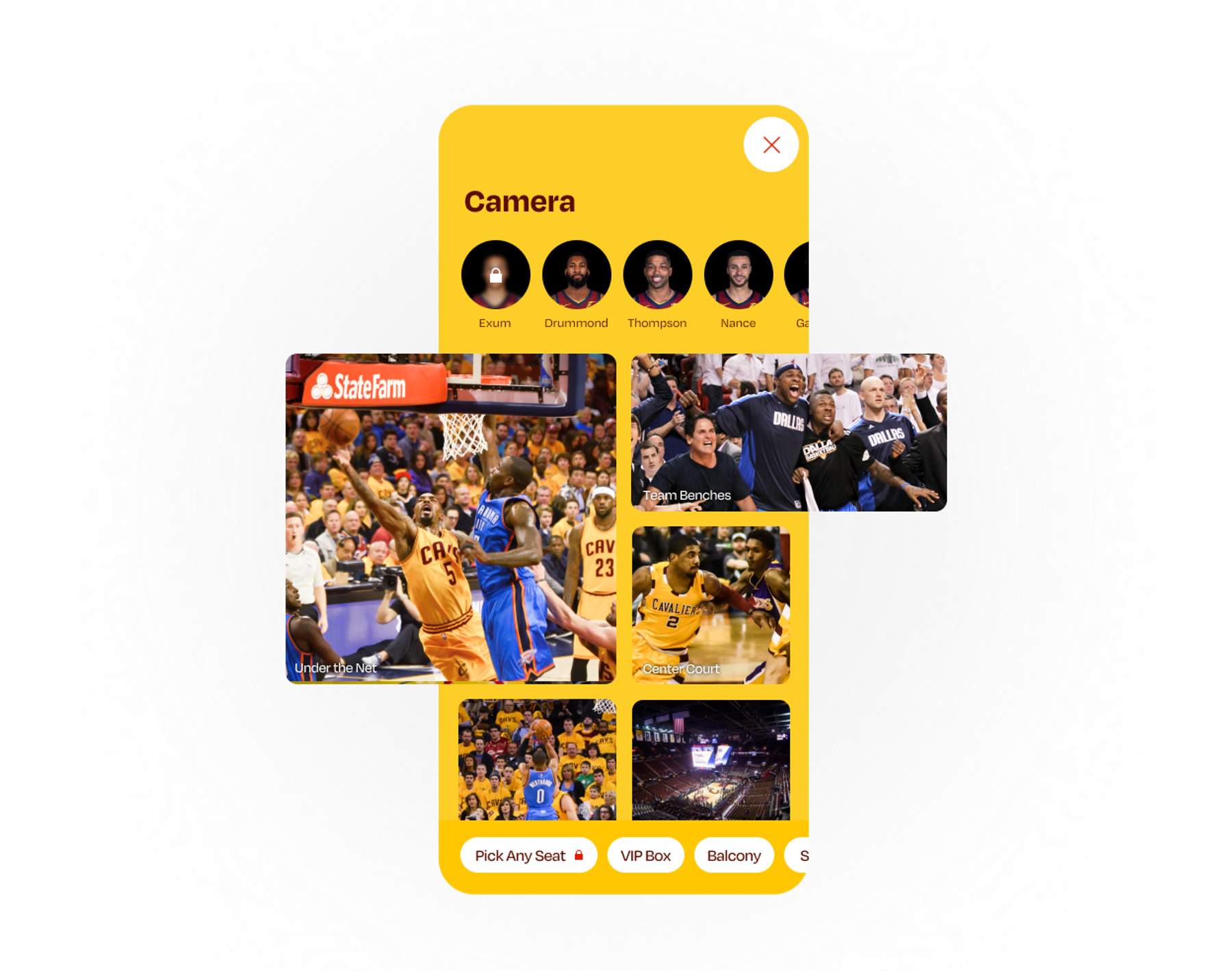 Basketball game photos in an app with a title that reads "Camera" and the ability to select the view from different seats and angles.