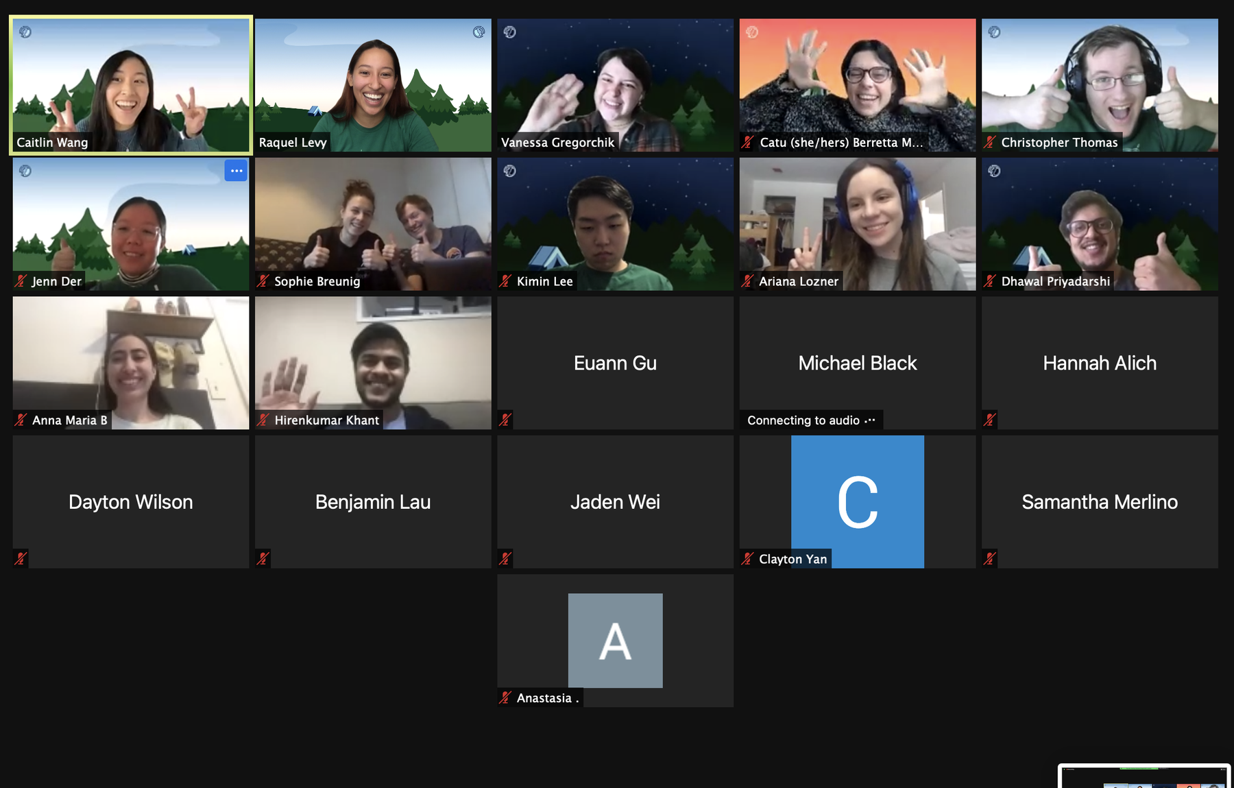 A Zoom meeting with multiple participants waving or having their thumbs up.