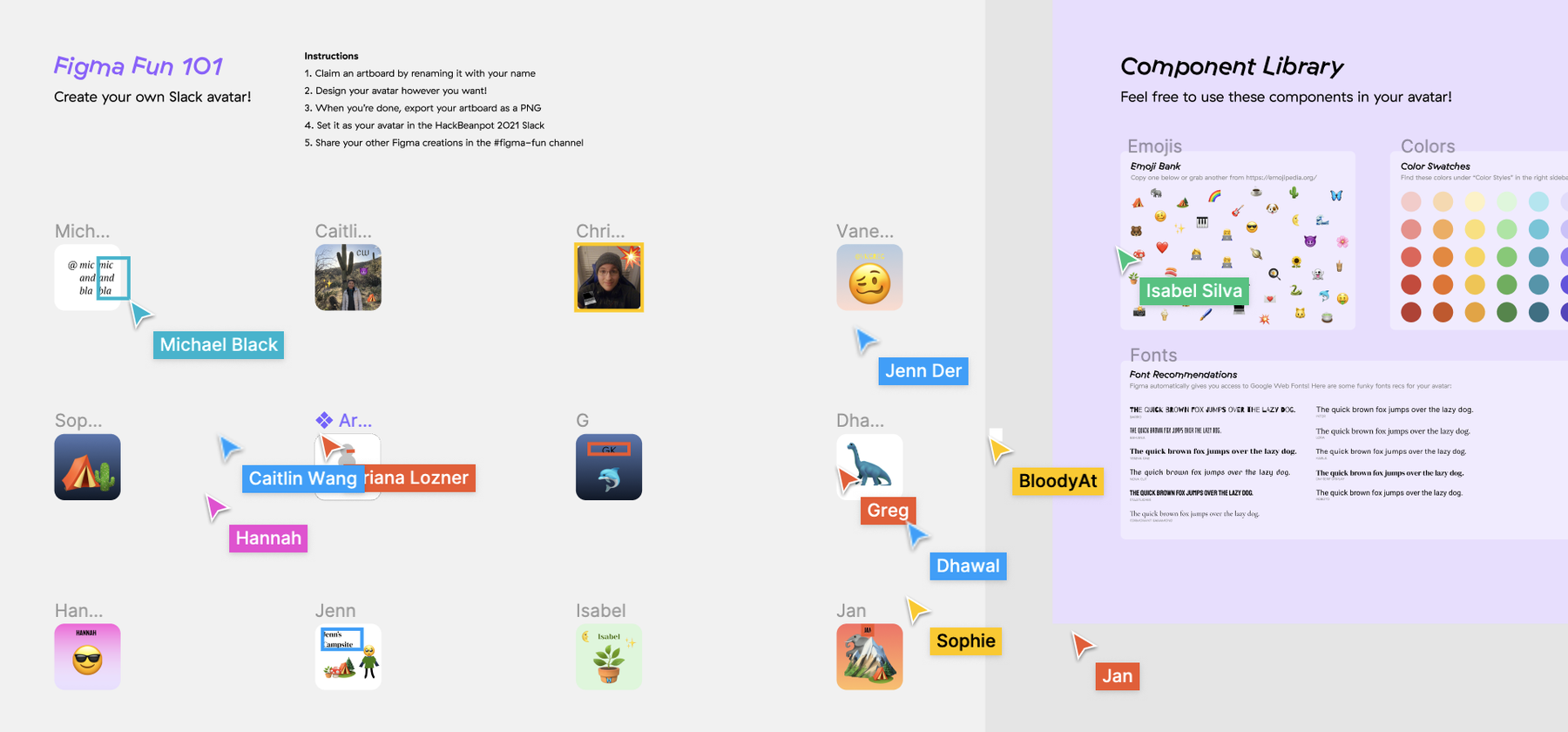 A Figma interface showing a collaborative workspace for creating custom Slack avatars.