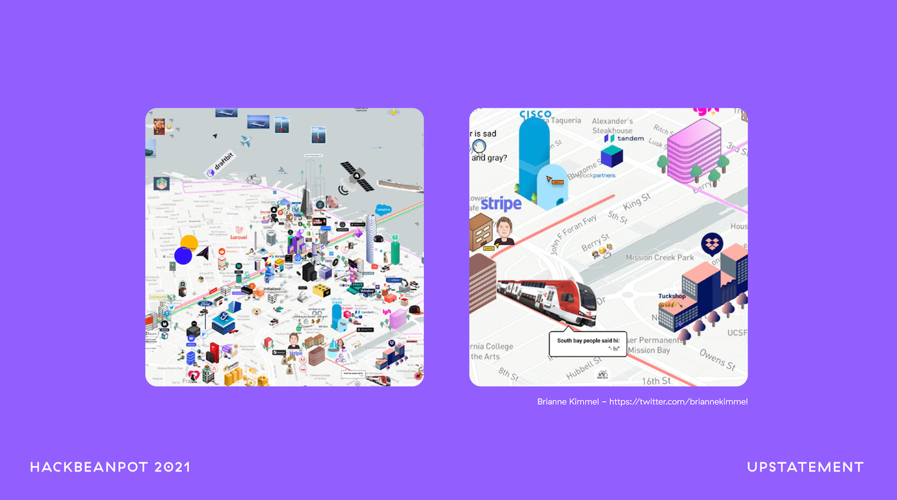 A vibrant and detailed map visualization showcasing various company logos, emojis, icons, and messages across two different map styles.