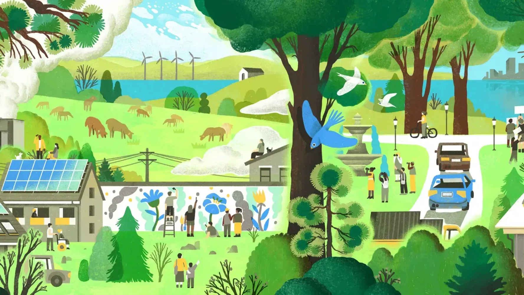 A vibrant illustration depicts a green, sustainable community. Solar panels, wind turbines, tree planting, biking, and community art projects are showcased.