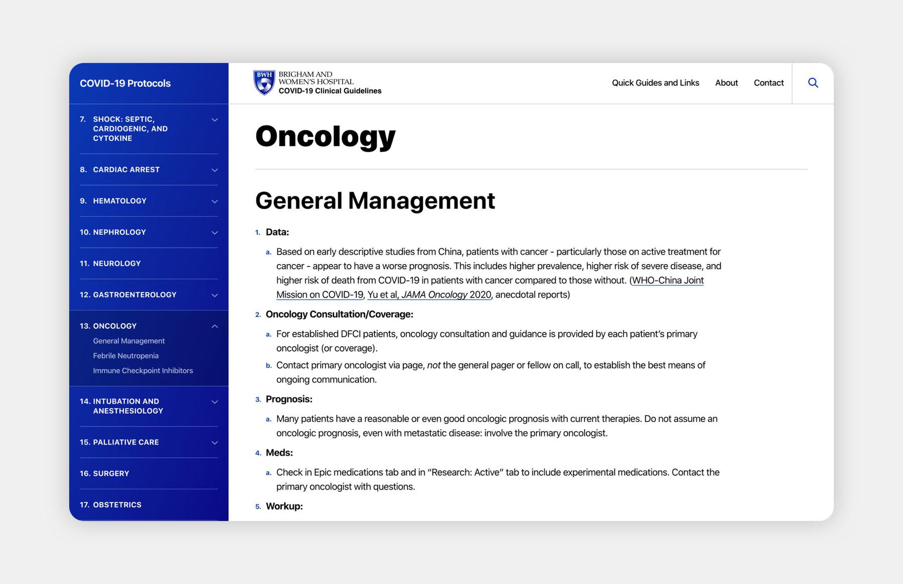 A page on the COVID-19 Protocols website titled "Oncology: General Management" featuring a sidebar with different categories. The main content covers topics such as data, prognosis, and meds.