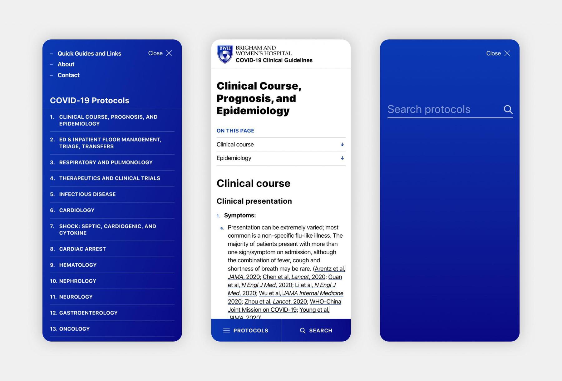 Three smartphone screens displaying pages on the COVID-19 Protocols app. The first screen shows a list of protocols; the second screen details "Clinical Course, Prognosis, and Epidemiology"; the third screen features a search bar to look up protocols.