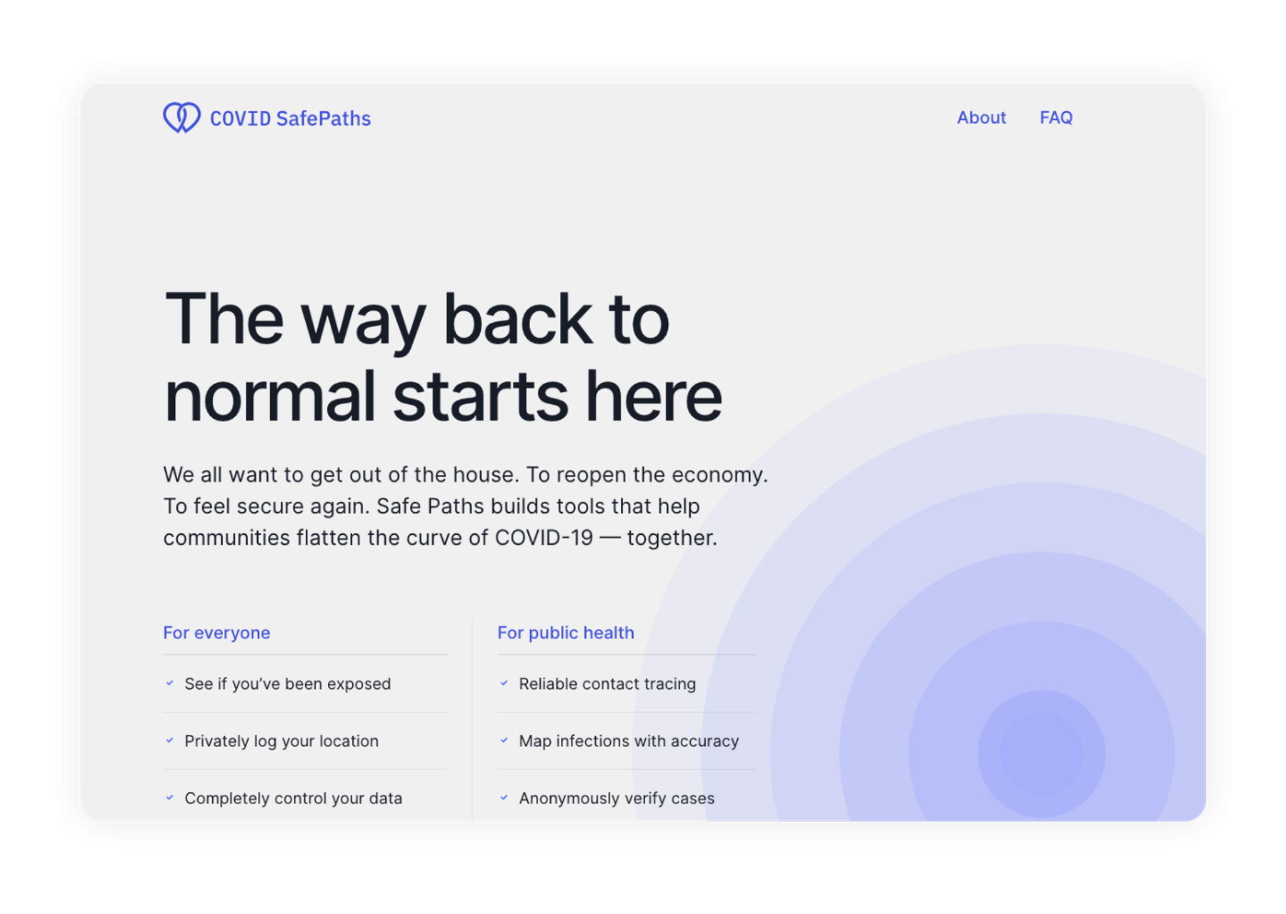 The homepage of the COVID SafePaths website with the headline "The way back to normal starts here." It describes SafePaths tools for exposure tracking and contact tracing to help control COVID-19.