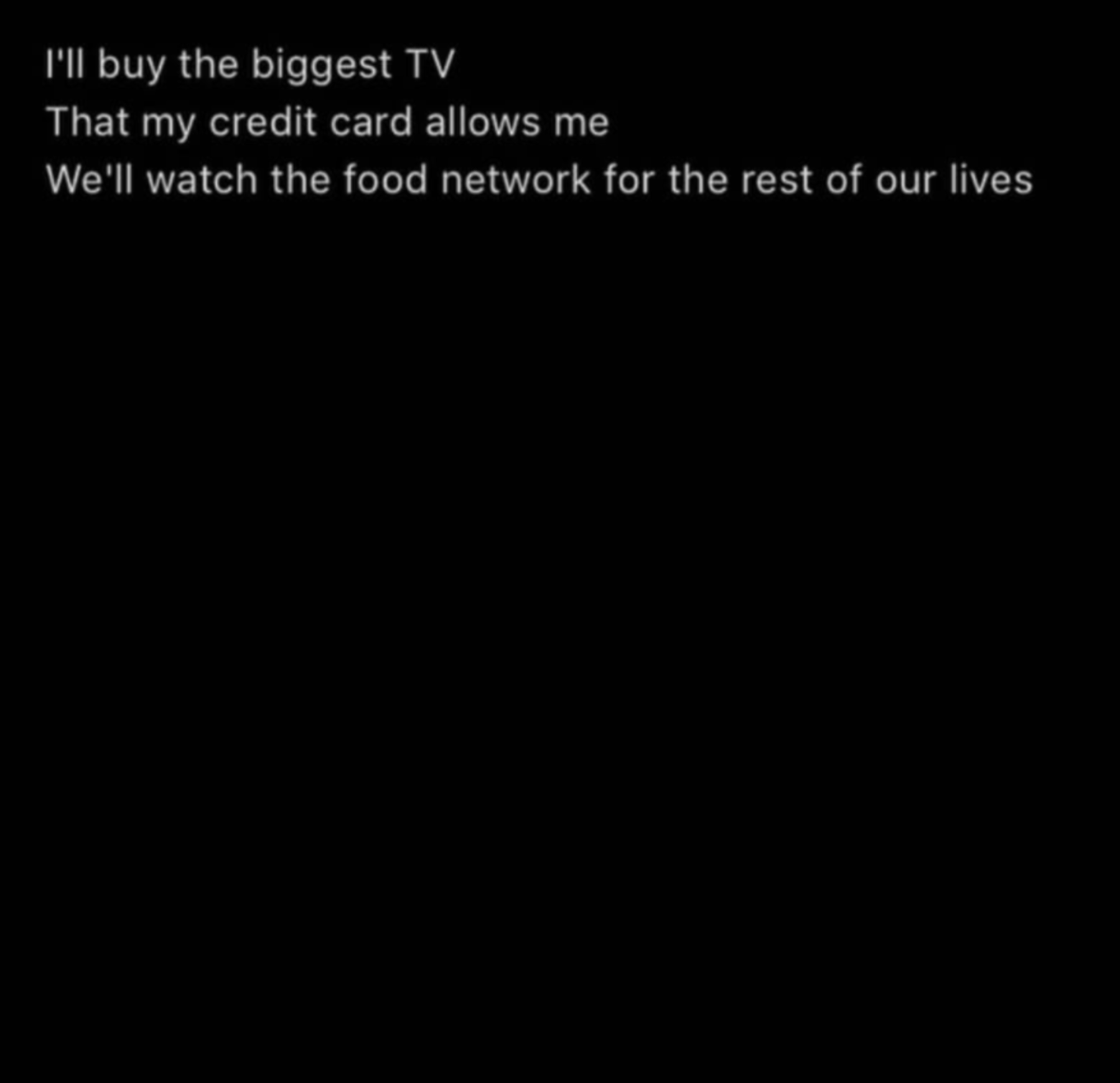 Text that reads: "I'll buy the biggest TV, That my credit card allows me, We'll watch the food network for the rest of our lives."