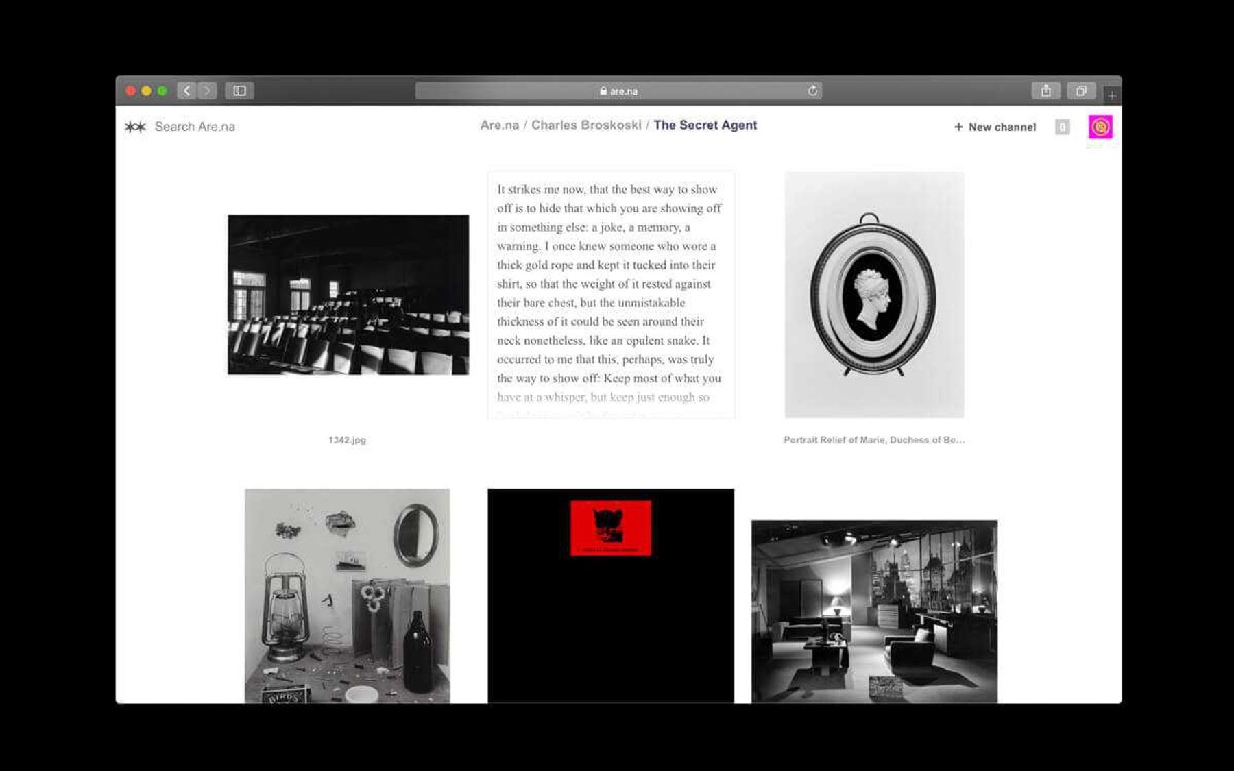 A page titled "The Secret Agent" from the Arena website featuring several images and a block of text.
