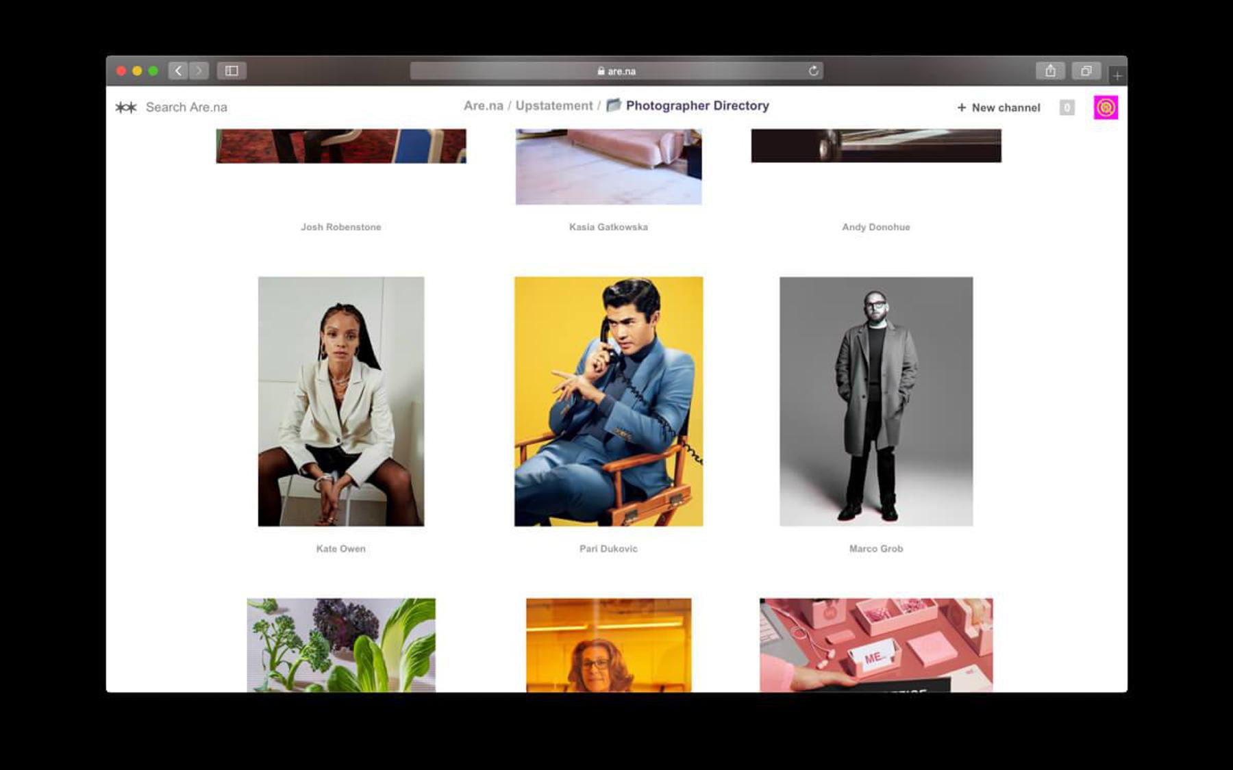 A page titled "Photographer Directory" on the Arena website, featuring portraits of different individuals.