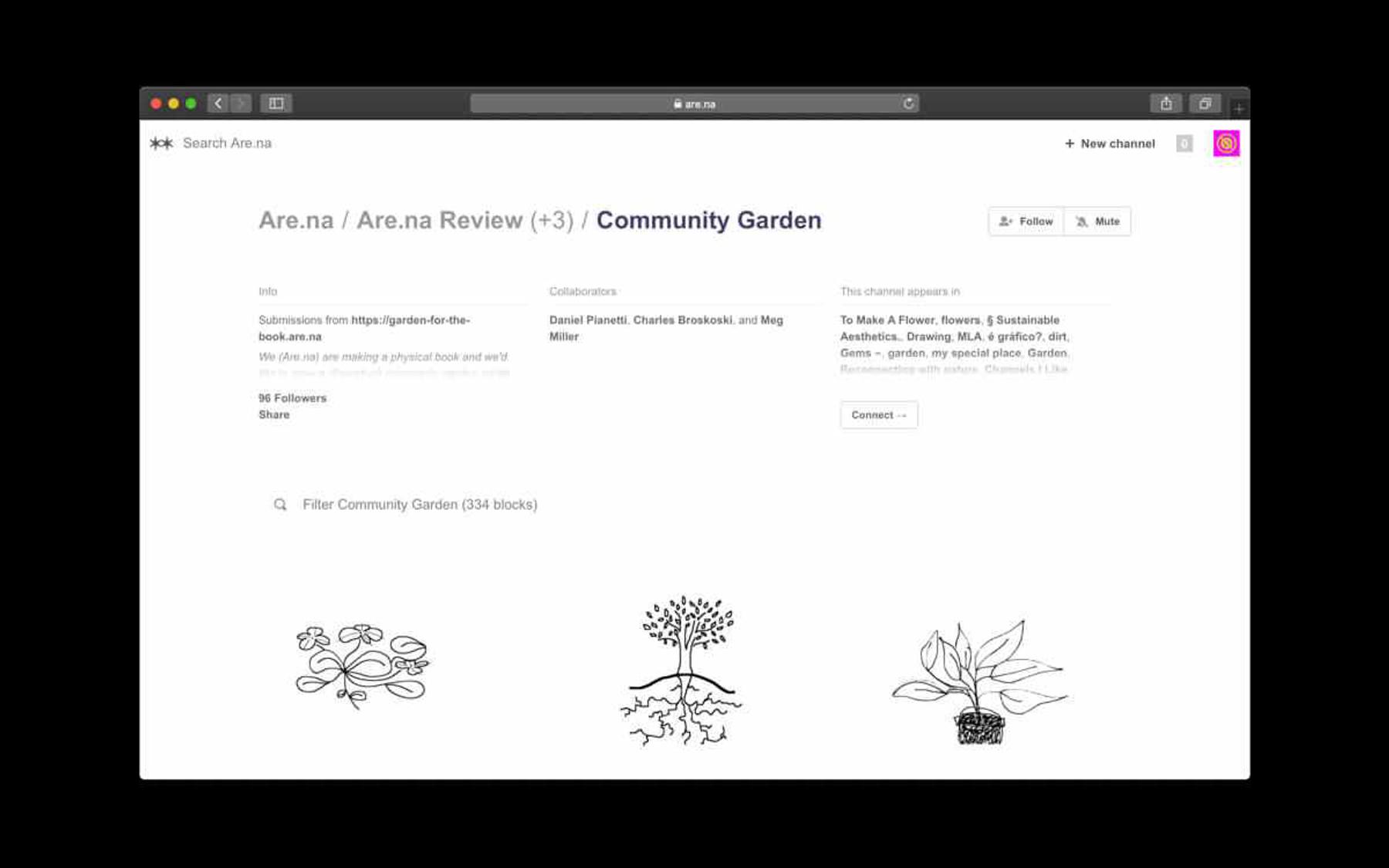 A page titled "Community Garden" from the Arena website. The page displays collaborators, a description of the channel, and an option to filter content. Three simple plant illustrations are seen near the bottom.
