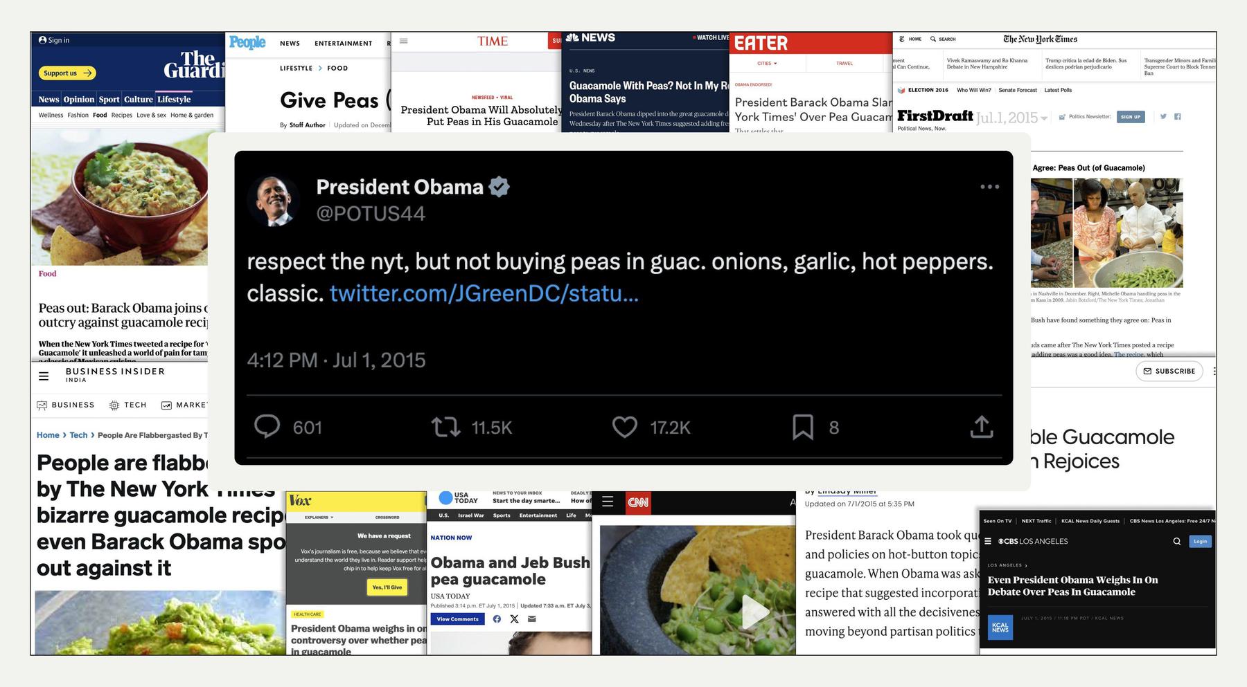 A tweet from President Obama dated July 1, 2015, says, "respect the nyt, but not buying peas in guac. onions, garlic, hot peppers. classic."