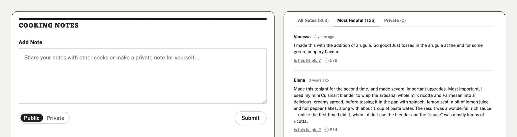 A screen displays a cooking notes section where users can add notes or make them private. Notable user comments include Vanessa's addition of arugula to a dish and Elena's use of a blender mix with ricotta and Parmesan.