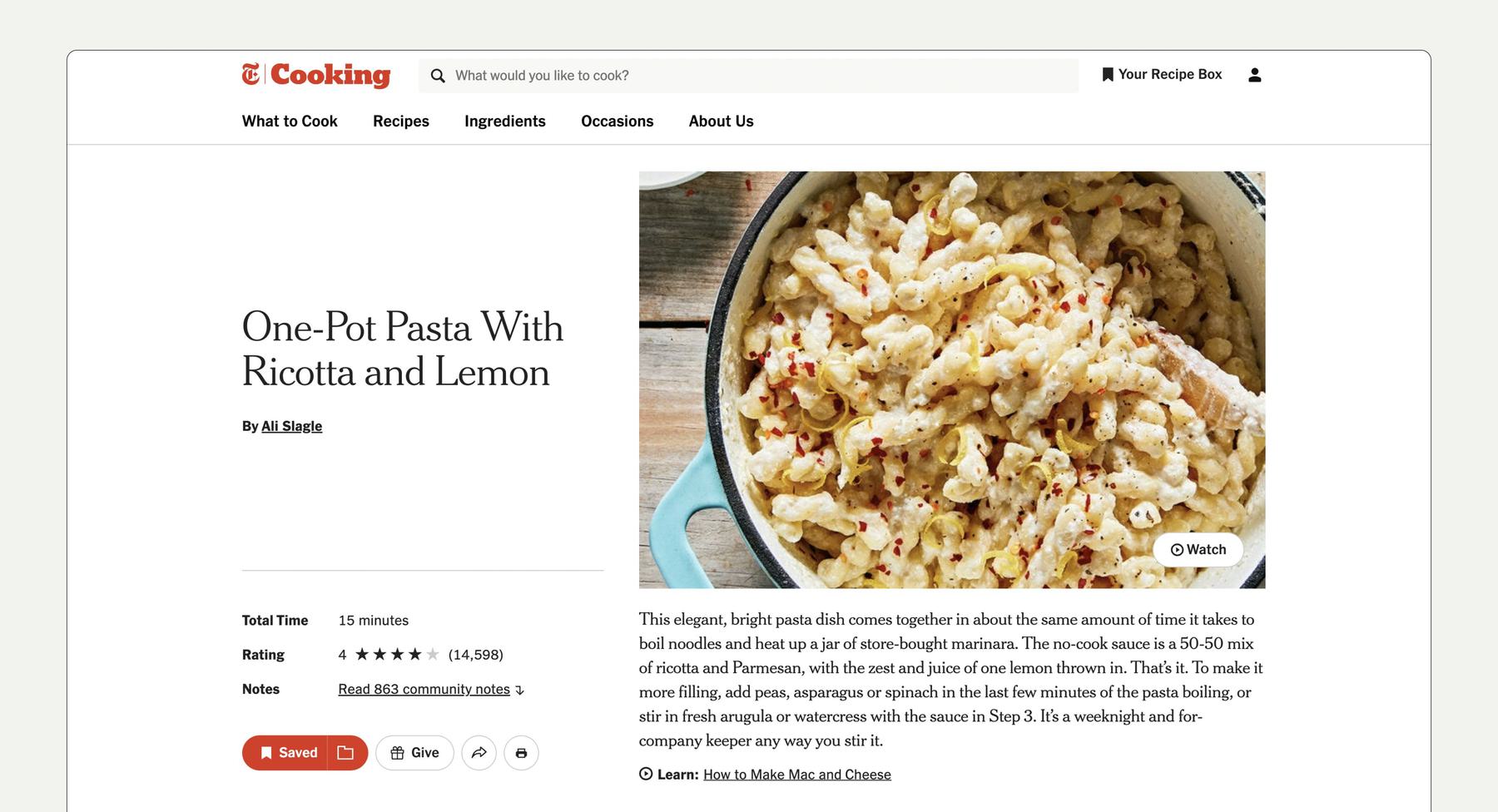 A webpage from the NYT Cooking site features a recipe for "One-Pot Pasta With Ricotta and Lemon". The main image shows a pot of creamy pasta. The text includes the recipe's preparation details and cooking instructions, with an option to watch a video.