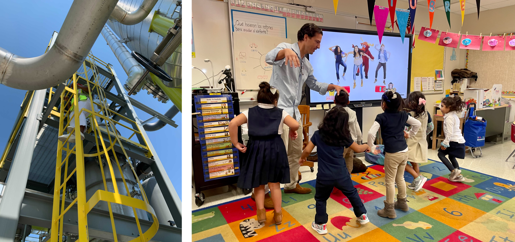 A split image shows an industrial structure with metal pipes and yellow stairs on the left. On the right, a person leads a group of young children in a classroom, participating in a dance activity in front of a large display screen.