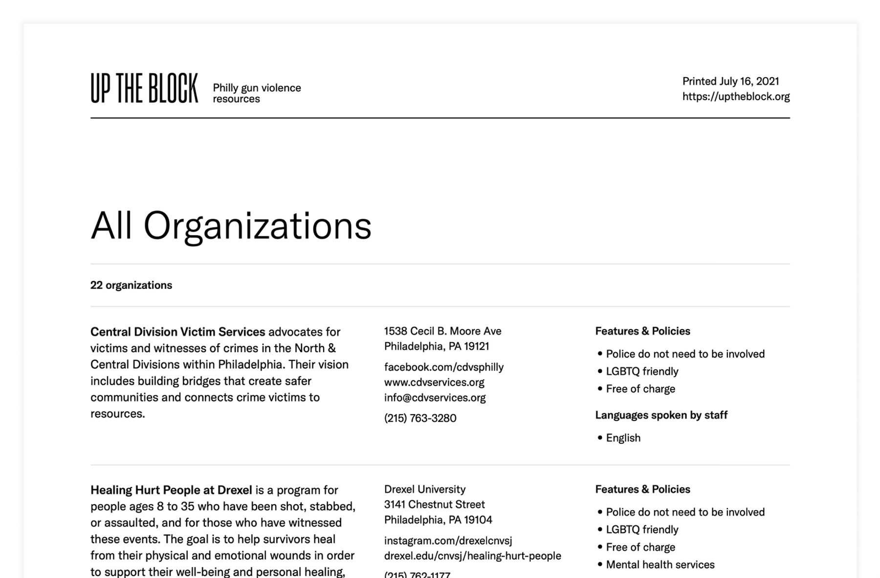 A document titled "All Organizations" lists various Philly gun violence resources.