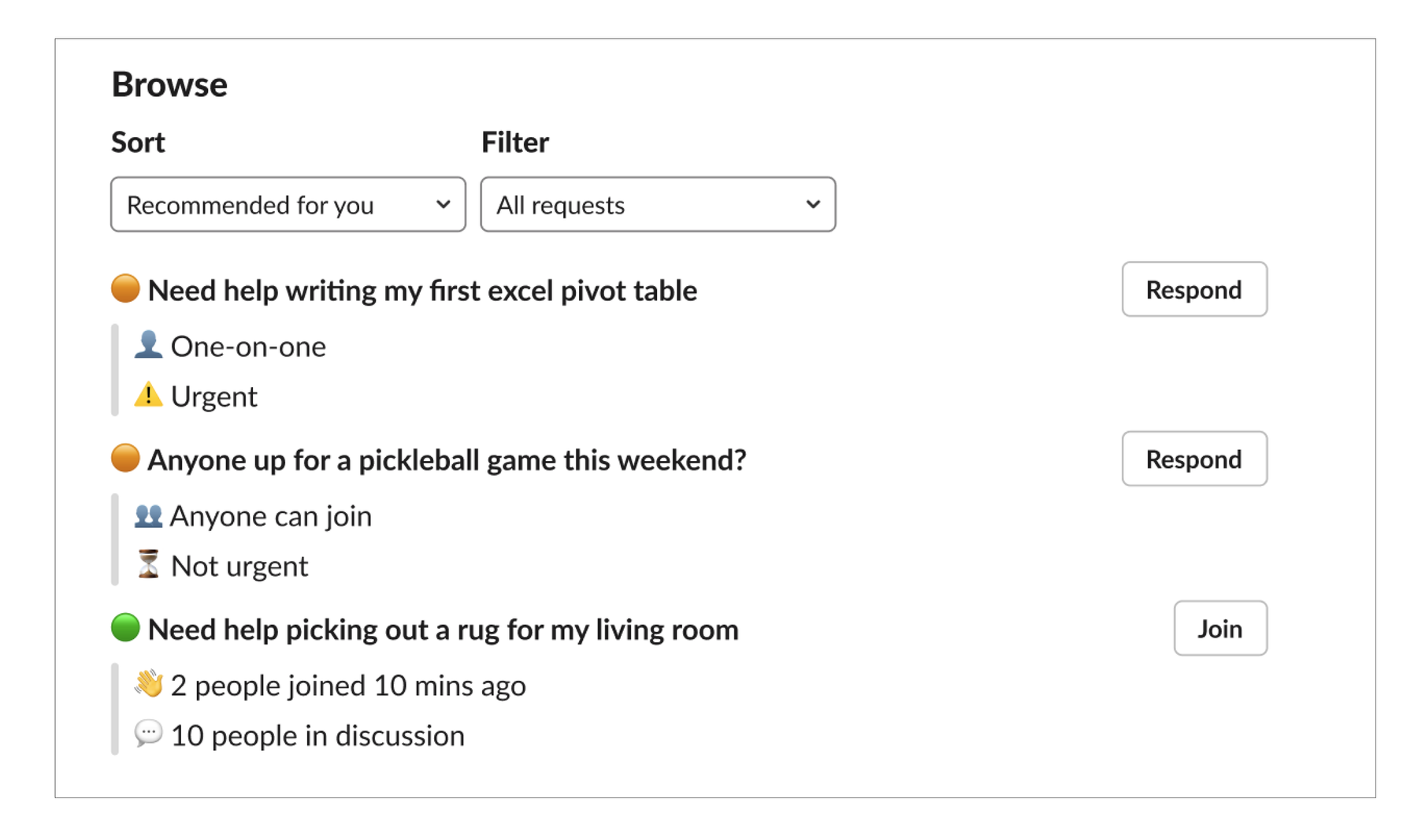 Screenshot of a browsing interface showing requests for help. The requests are for help with Excel pivot tables (urgent), organizing a pickleball game, and choosing a rug (10 people discussing). Options to respond or join are available for each request.
