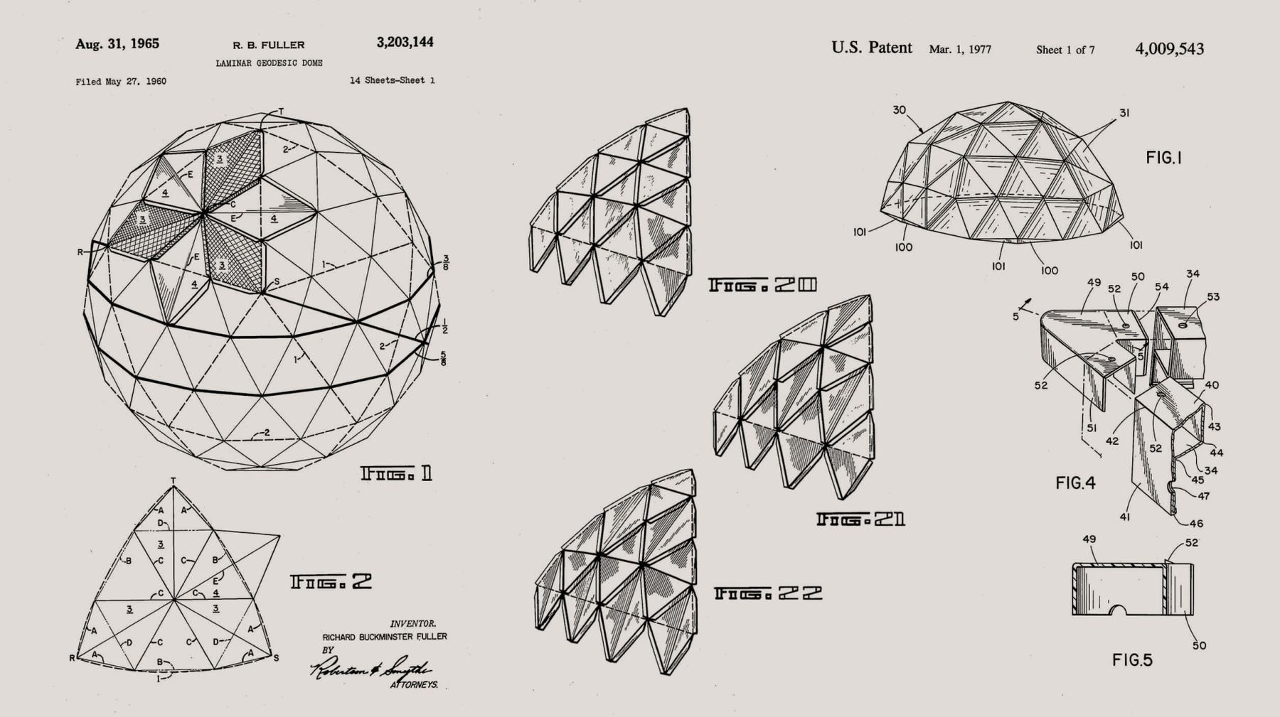A patent diagram displays a geodesic dome structure and its detailed components.