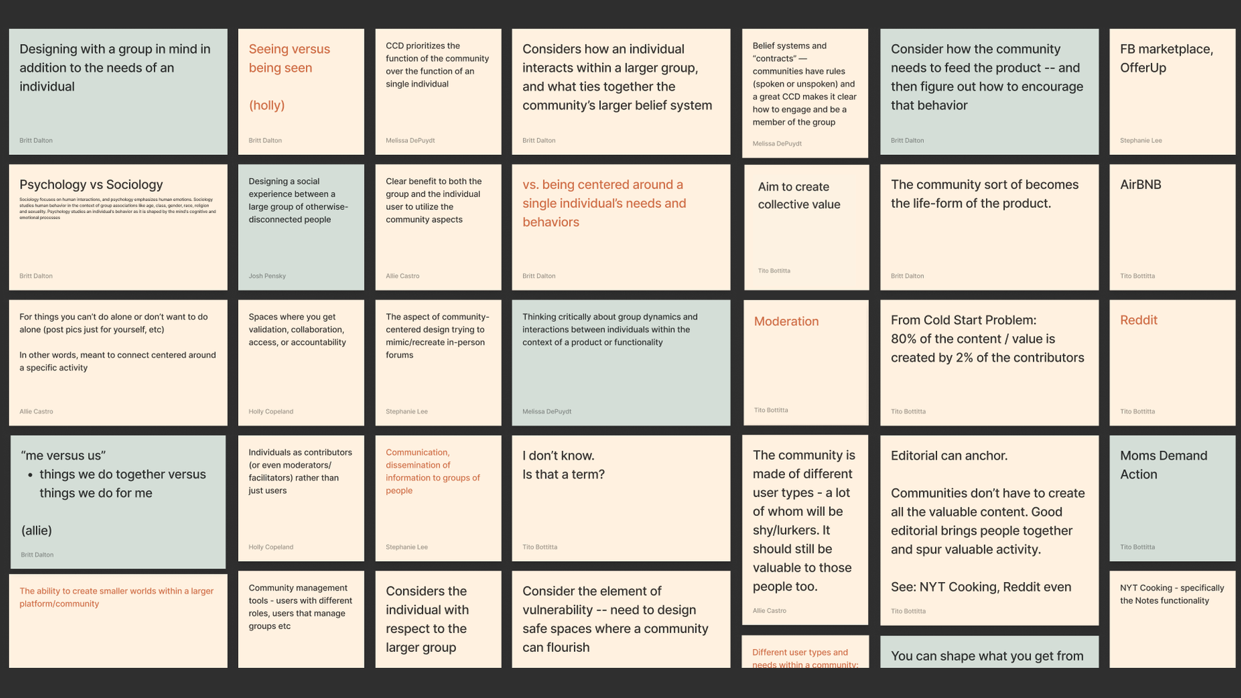 A collage of sticky notes with various text discussing principles of community design, user interaction, and product considerations. Topics include psychology vs. sociology, safety, individual needs versus group needs, and the importance of rituals and social norms.
