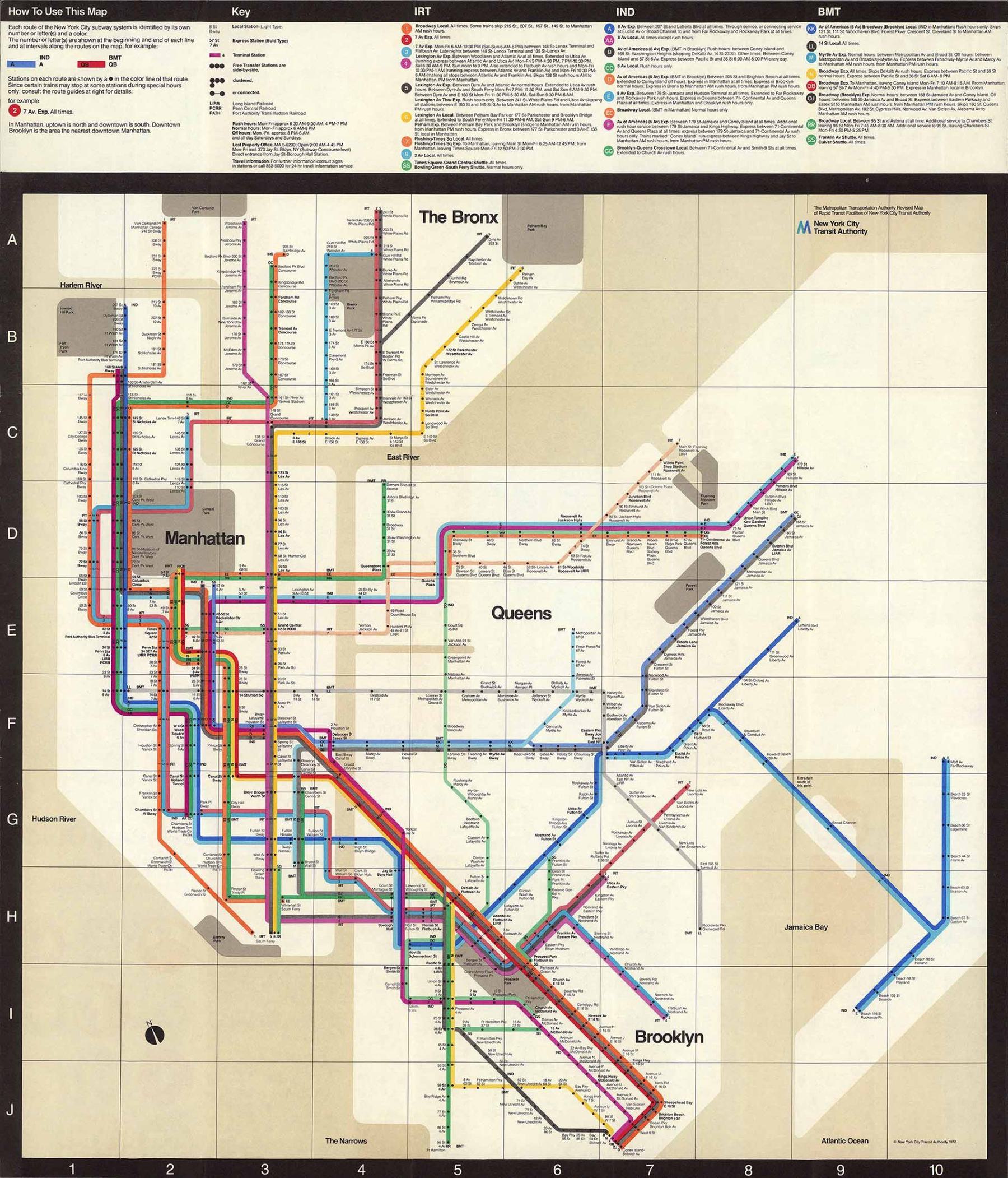 Map of the New York City Subway system featuring colored lines representing different routes across Manhattan, The Bronx, Queens, and Brooklyn.