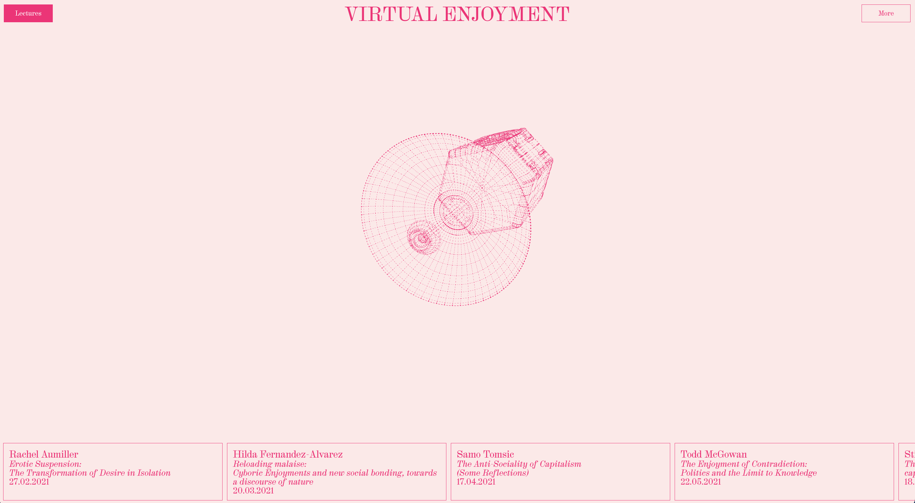 A digital art piece titled "Virtual Enjoyment" features a wireframe model of a dish antenna in the center.