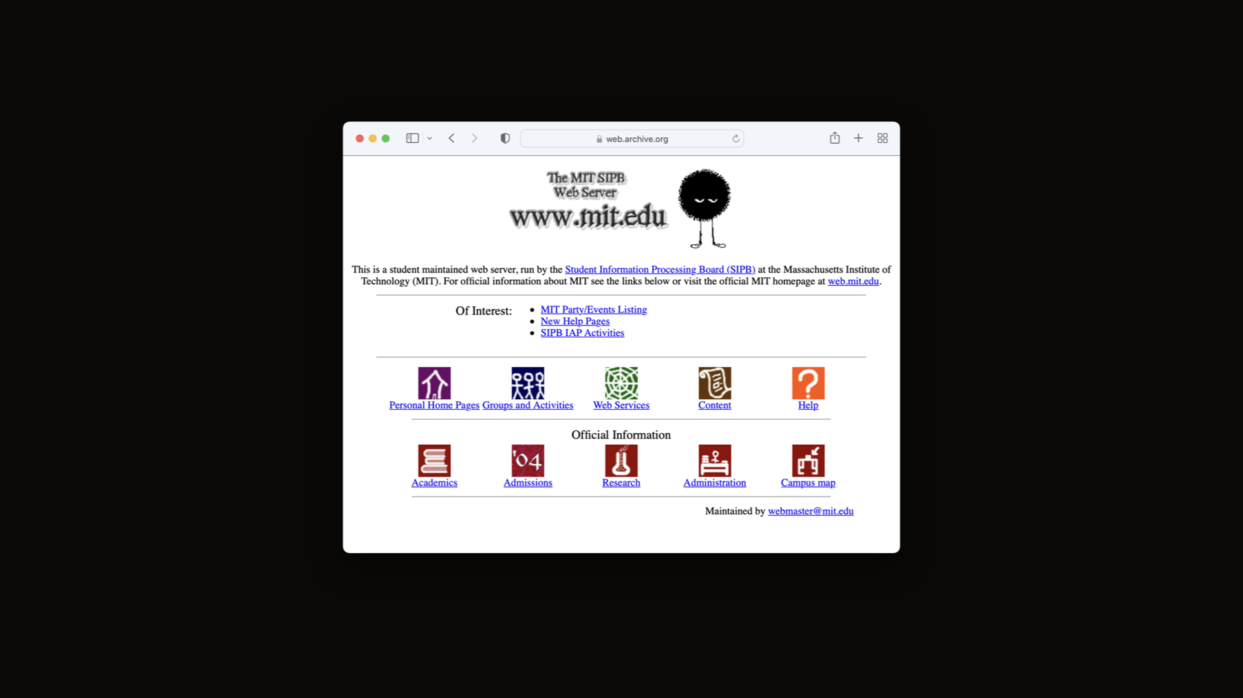 MIT's website viewed from the web archive in a browser window. The page has a simple layout with text and icons linking to various resources, such as homepages, email information, research, and campus-related content.