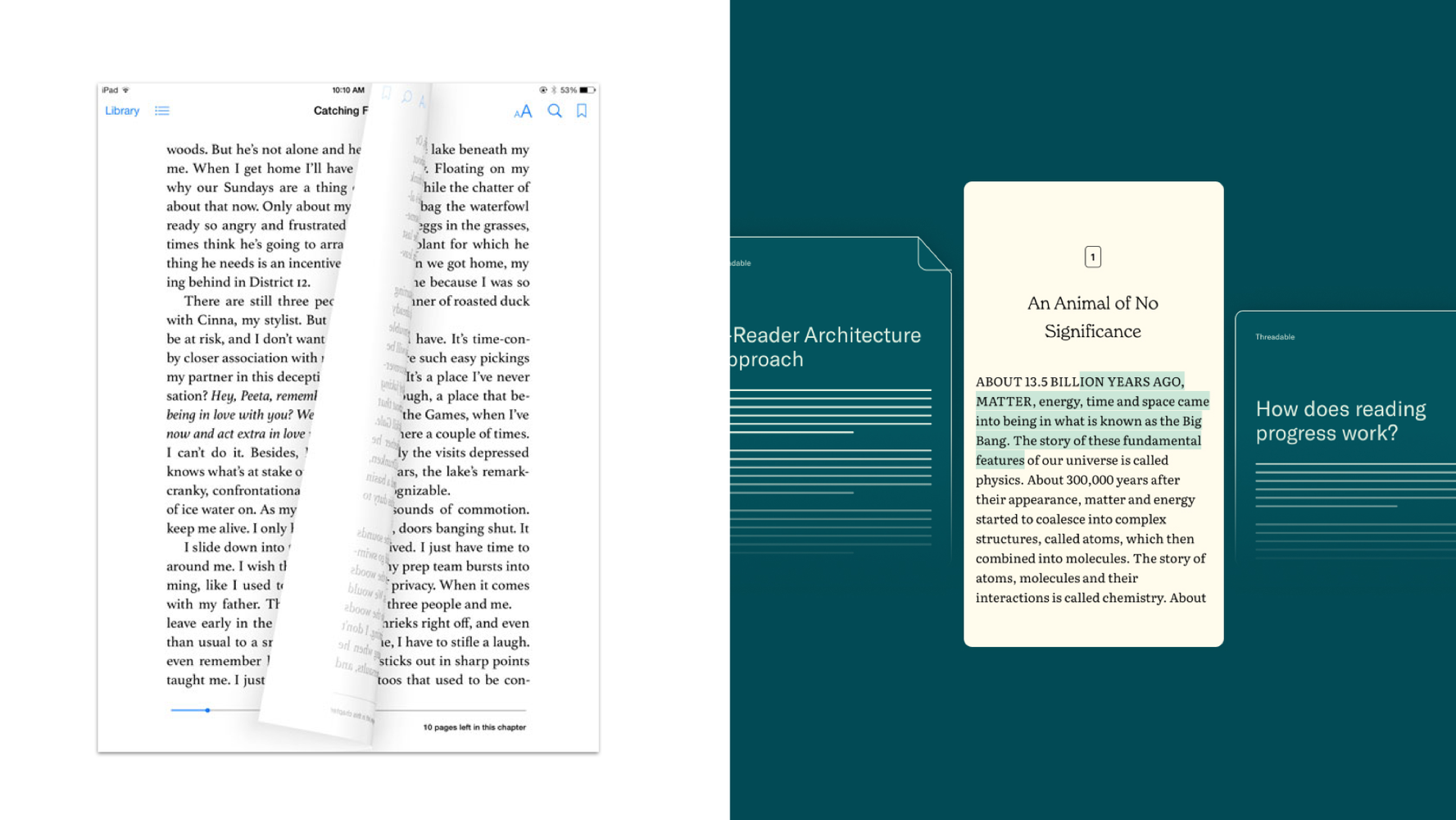 Split image with an e-book reader displaying text on the left and a digital publication interface on the right.