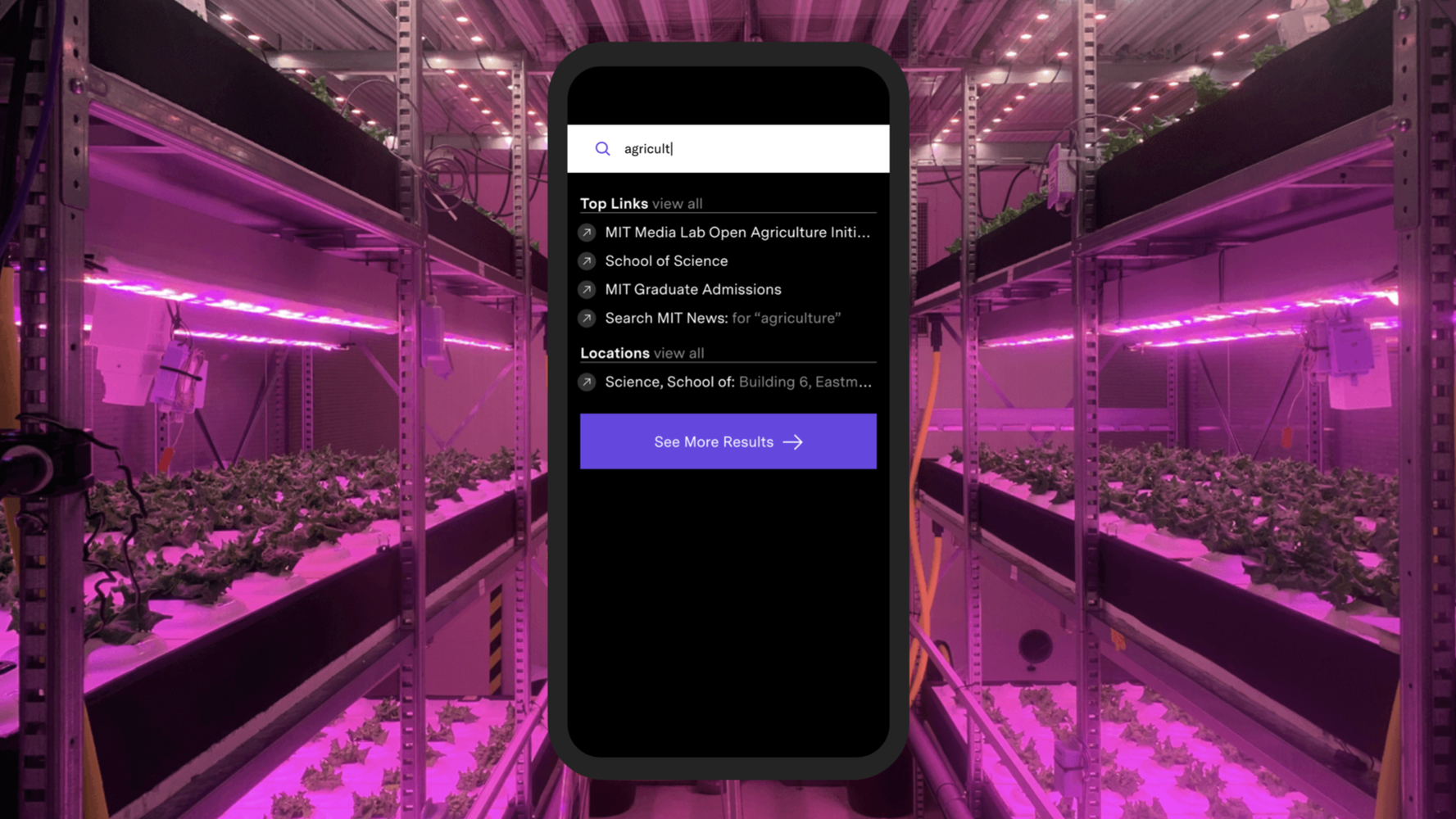 A smartphone screen shows a search for "agriculture" on the MIT website with various links.