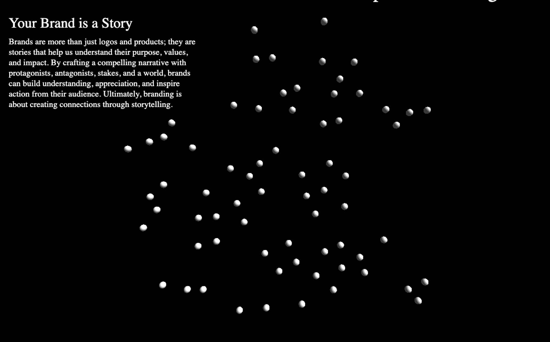 A black background with scattered white spheres on the right. Text on the left reads: "Your Brand is a Story."