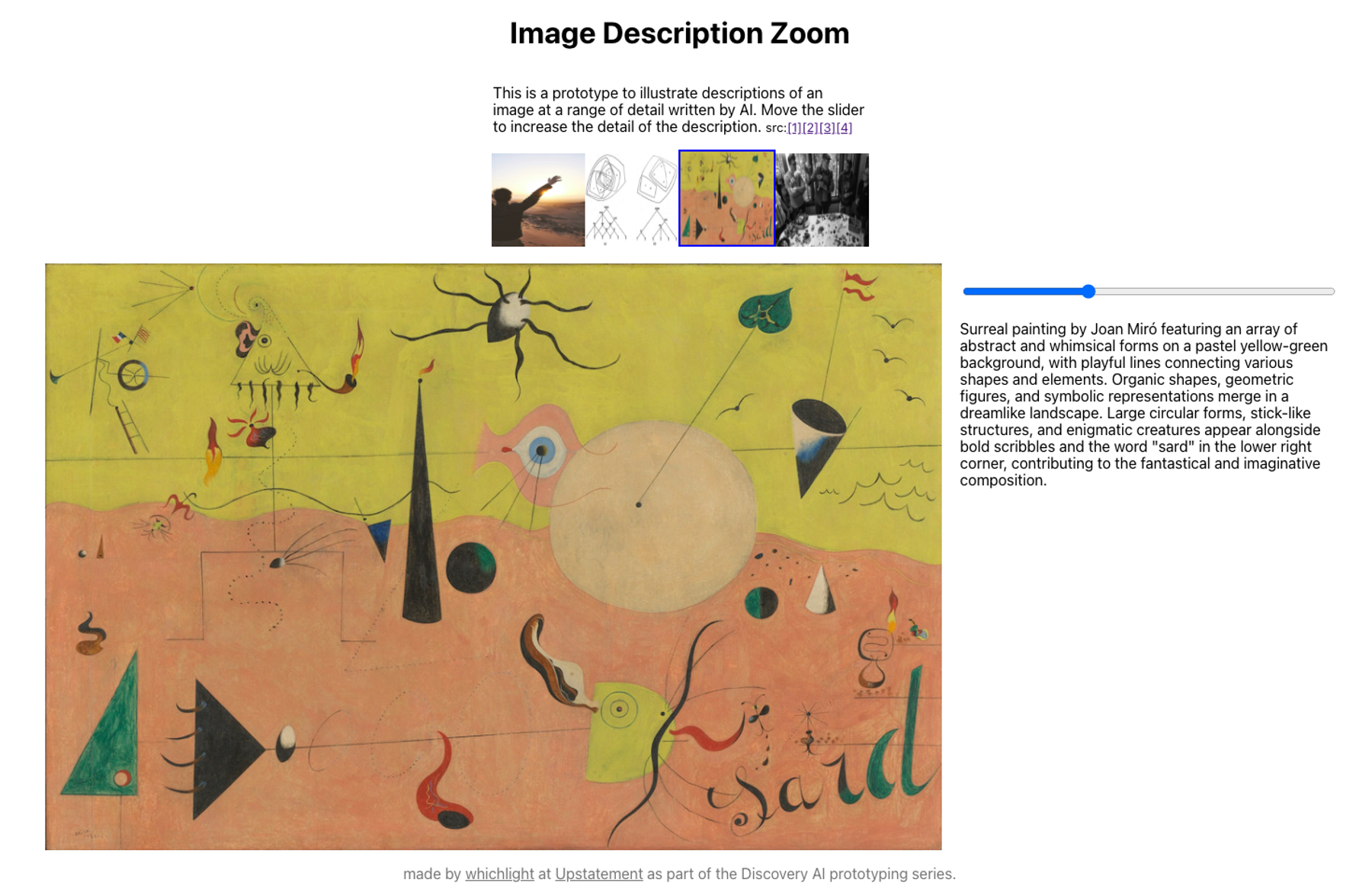 Tool named "Image description zoom" with a surreal painting on the left and a section on the right with a slider for selecting the amount of details and a text description of the image.