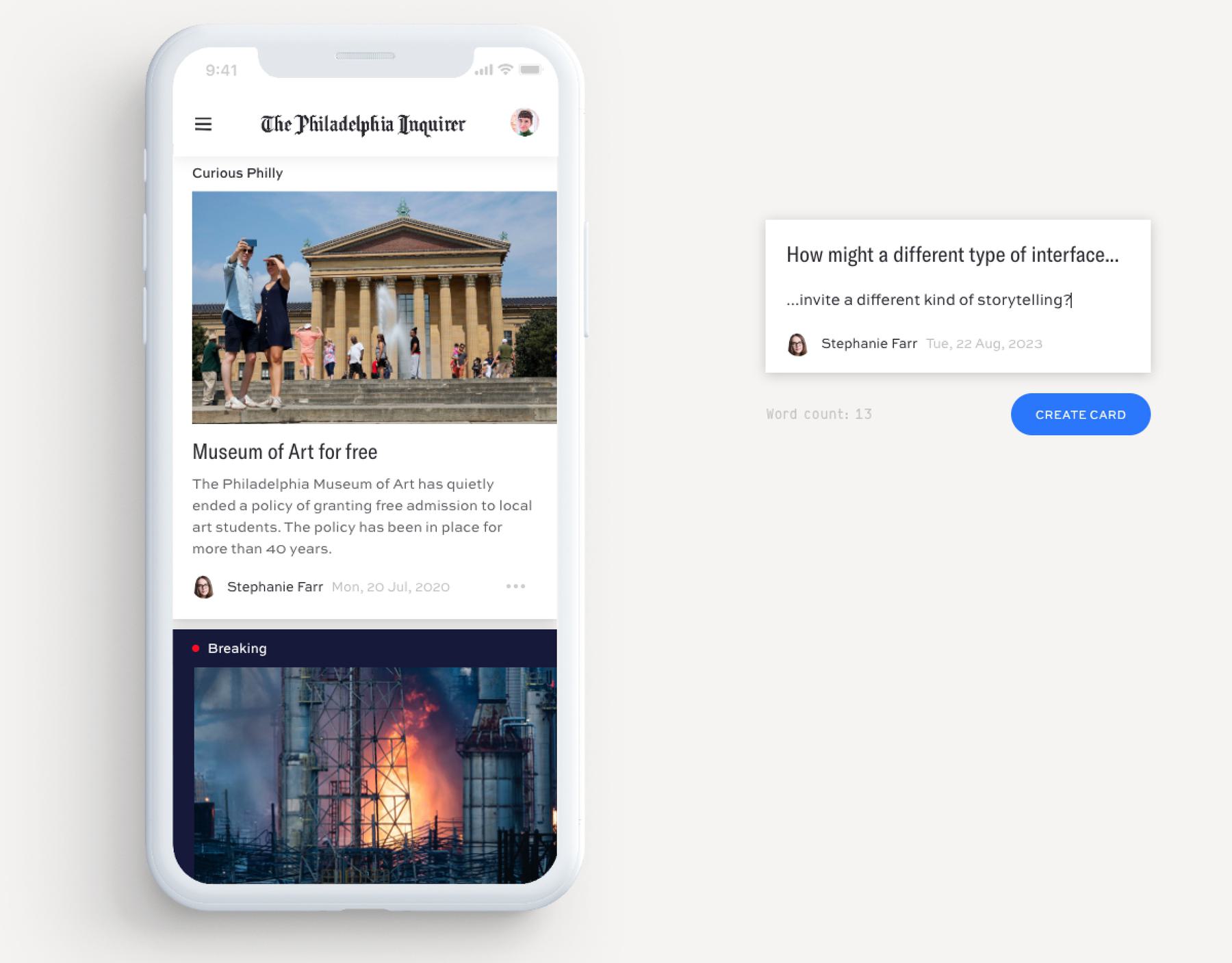 A smartphone screen displaying an article on the Philadelphia Enquirer news app on the left. On the right, a card with text "How might a different type of interface invite a different kind of storytelling?"