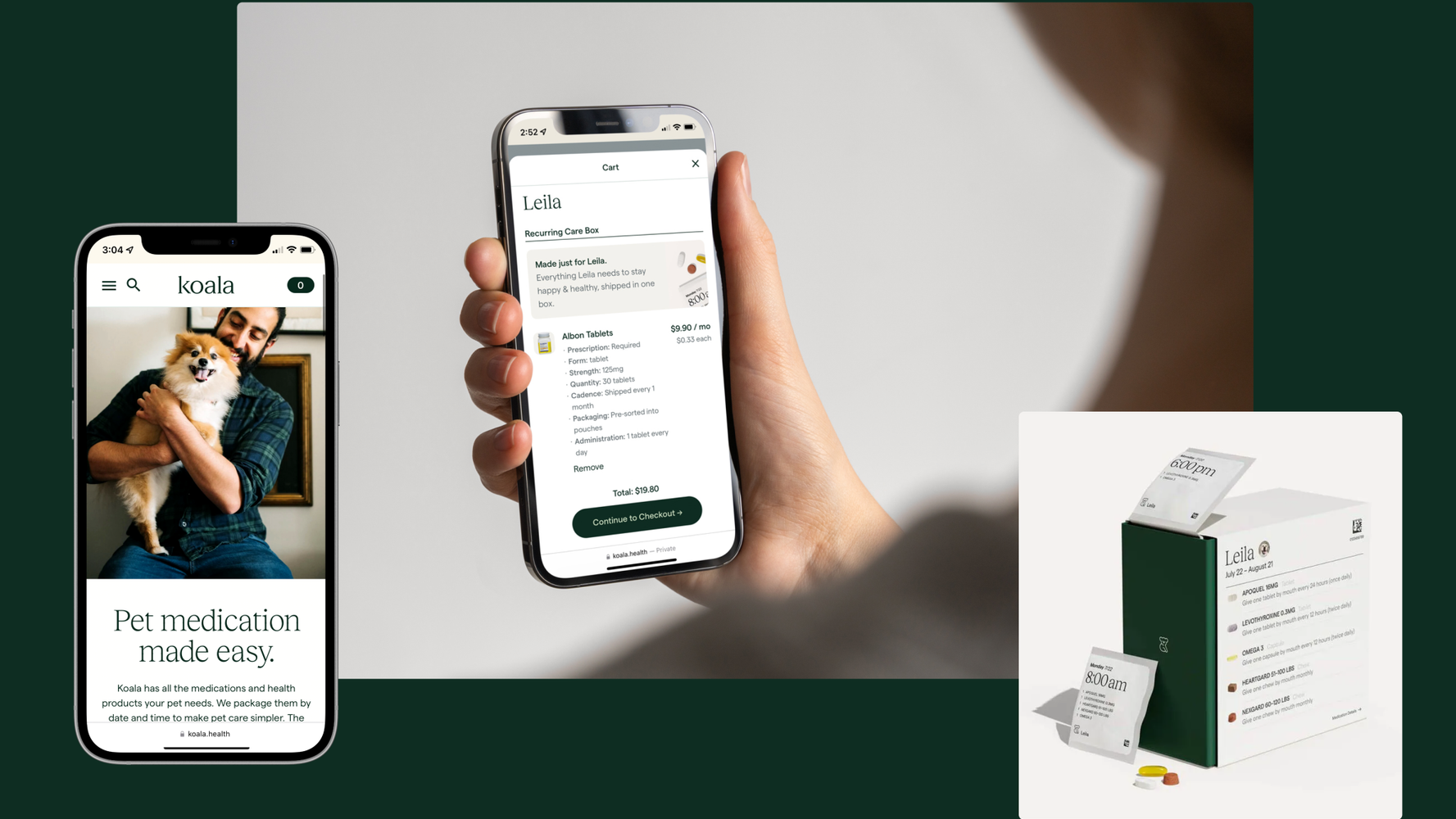 A collage showing three images of the pet medication app Koala. One image features a phone displaying a "Pet medication made easy" screen with a person holding a dog. Another image shows the checkout screen for pet medication. The third image shows a medication box and pills.