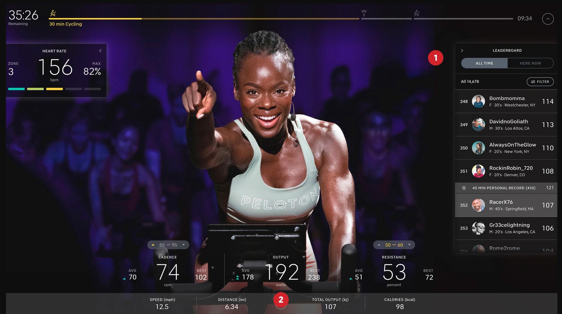 A page from the Peloton website with a traine leading a cycling class and the leaderboard ranking of participants on the side.