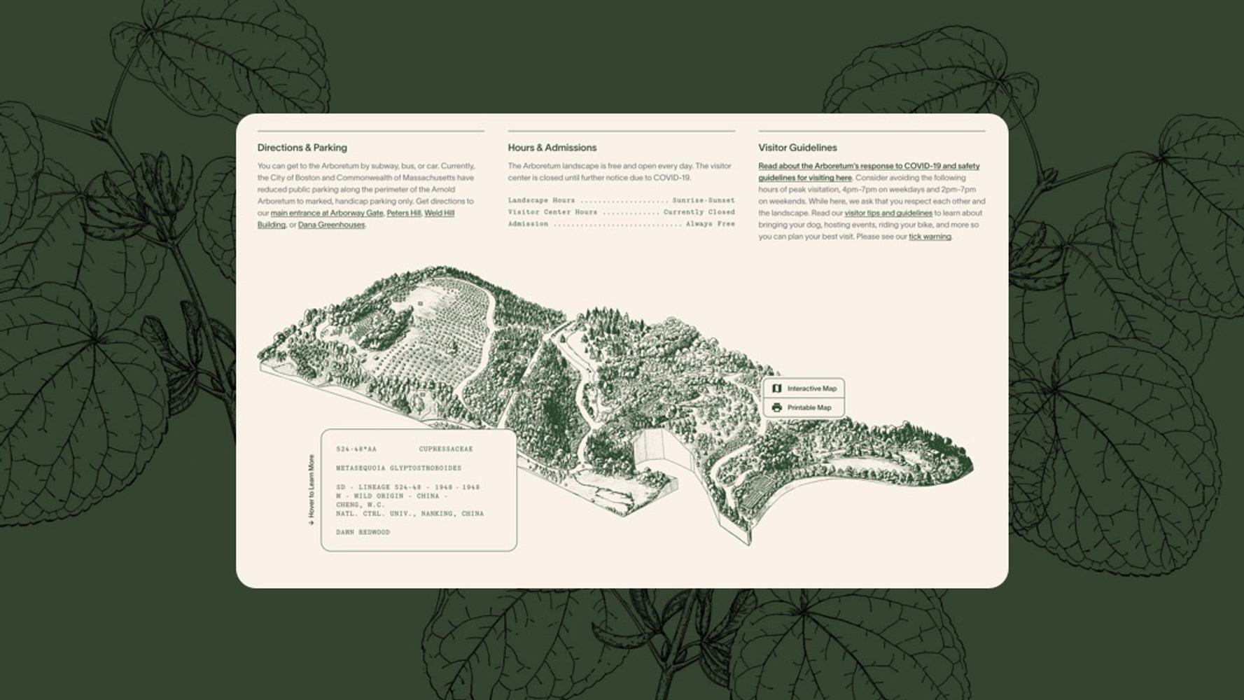 A detailed illustration of an extensive park or botanical garden layout with directions, parking, hours of admission, and visitor guidelines.